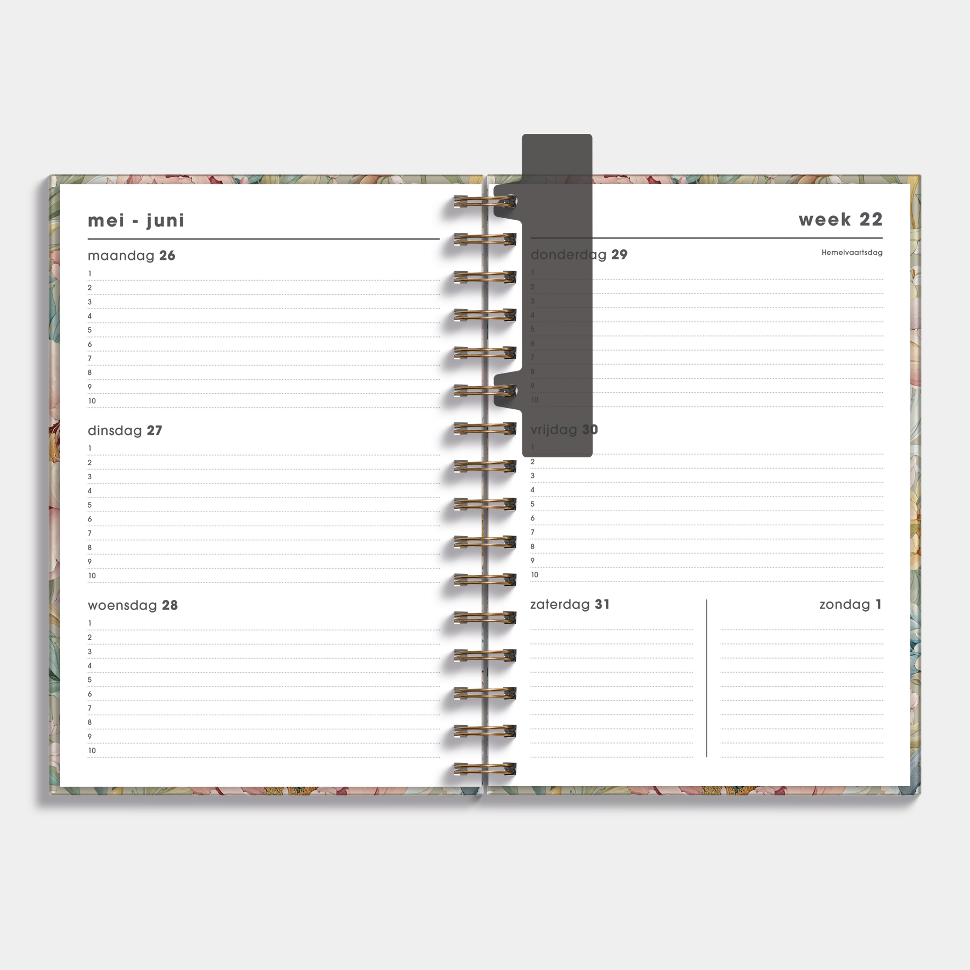 Ringband agenda 2025 - 2026 A5 met vintage bloemenprint – binnenwerk met weekoverzicht.