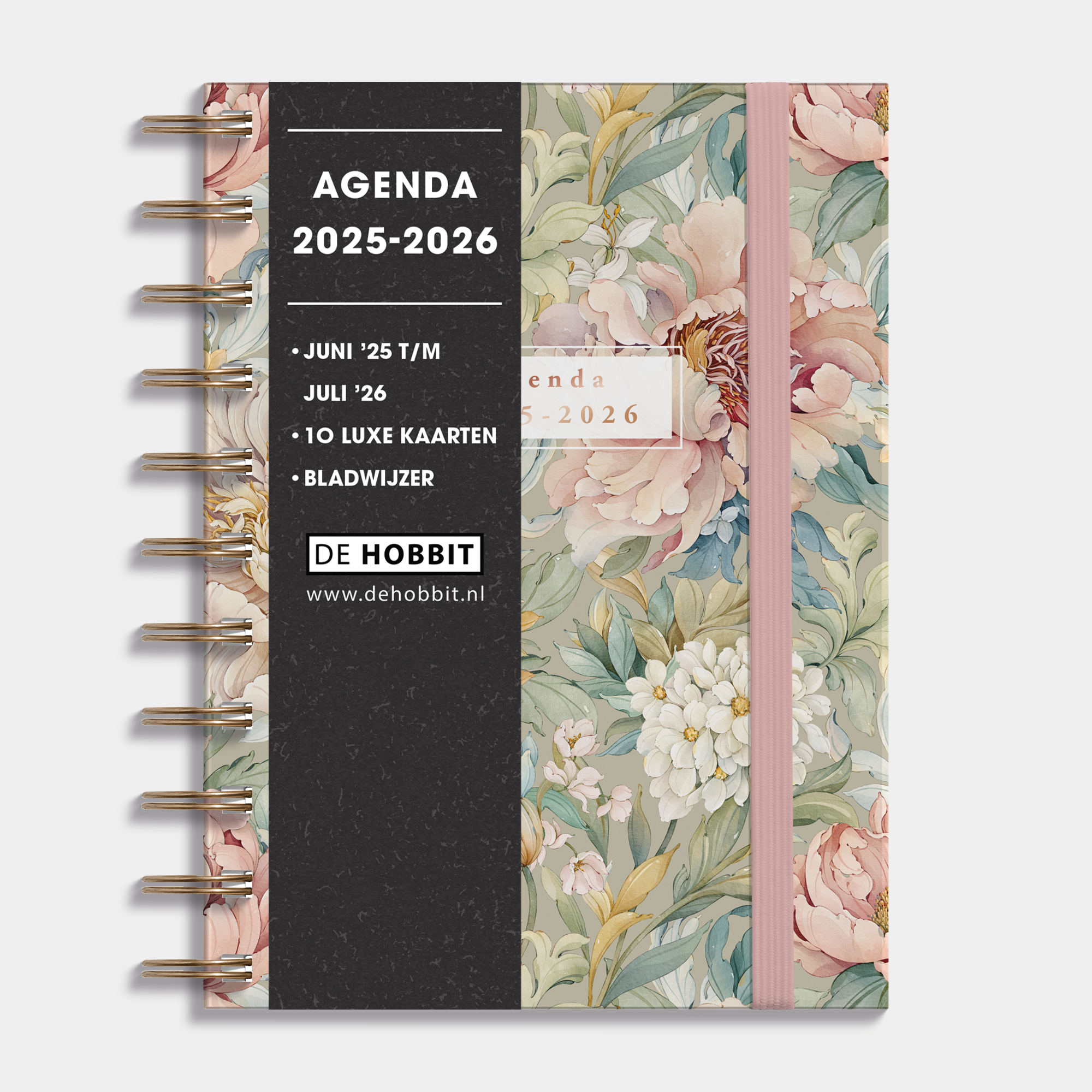 A6 ringband agenda 2025-2026 met vintage bloemenprint, harde cover en elastische sluiting – vooraanzicht met informatieve banderol.