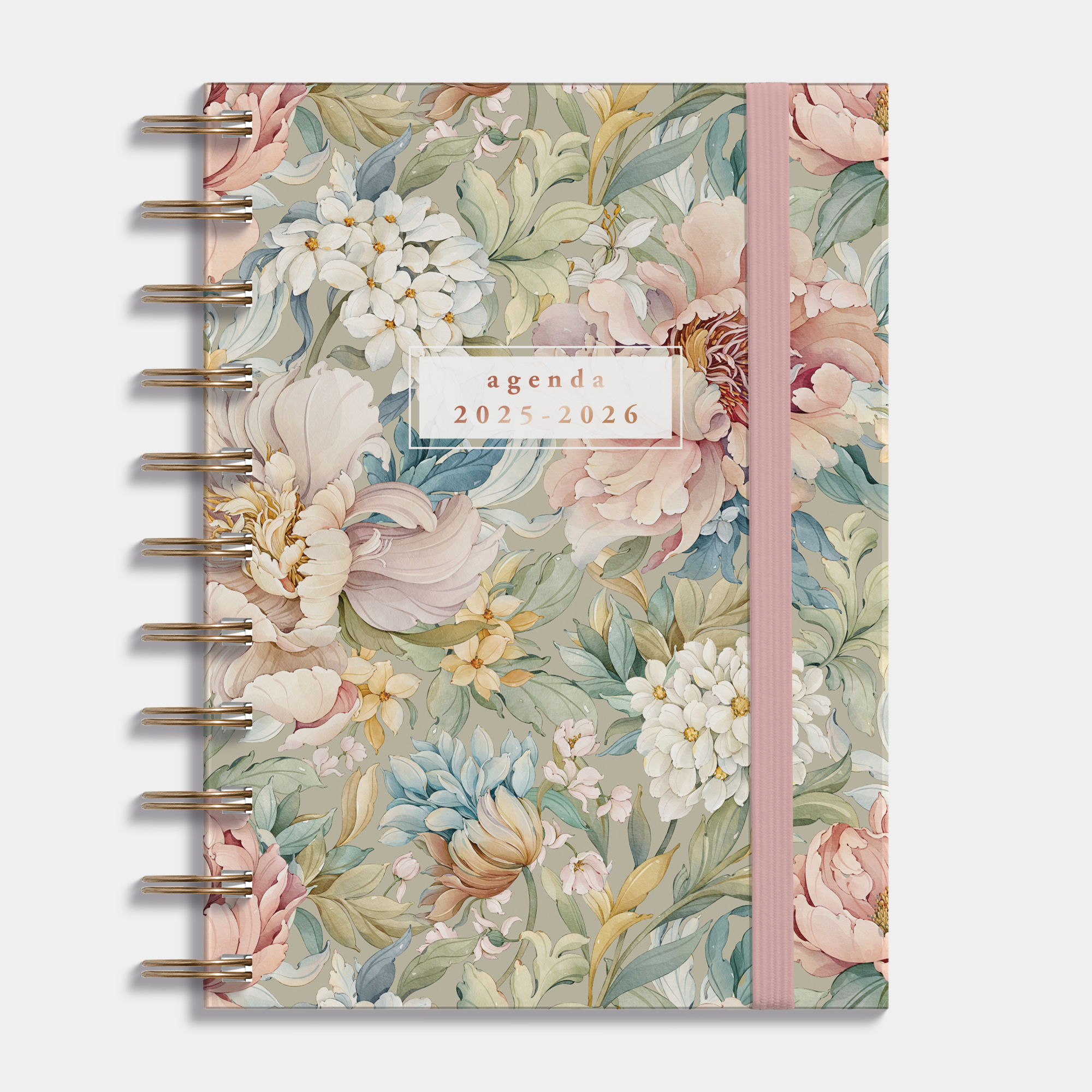 A6 ringband agenda 2025-2026 met vintage bloemenprint, harde cover en elastische sluiting – vooraanzicht.