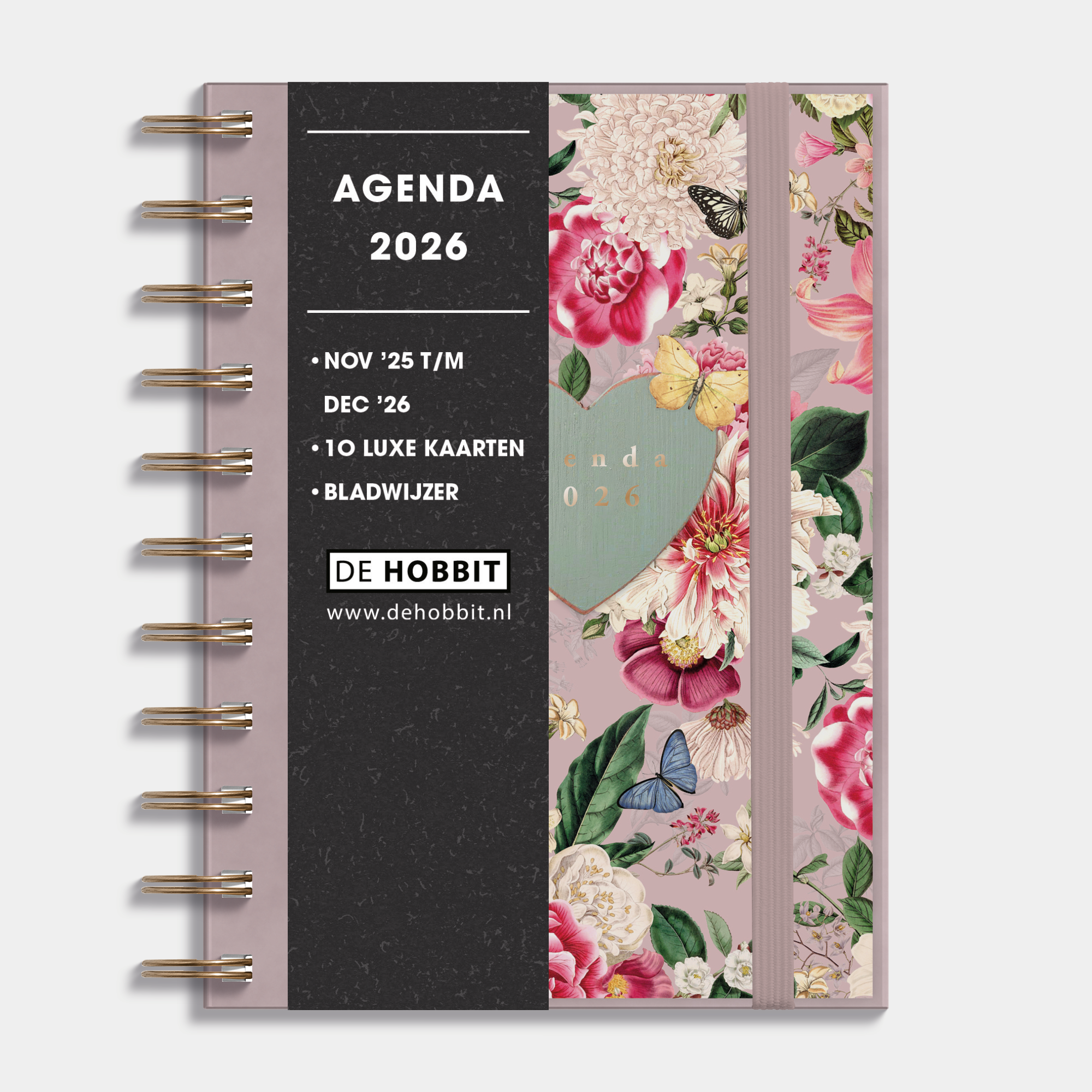 A6 ringband agenda 2026 met brocante print op insteekkaart, flexibele cover en elastische sluiting – vooraanzicht met informatieve banderol.