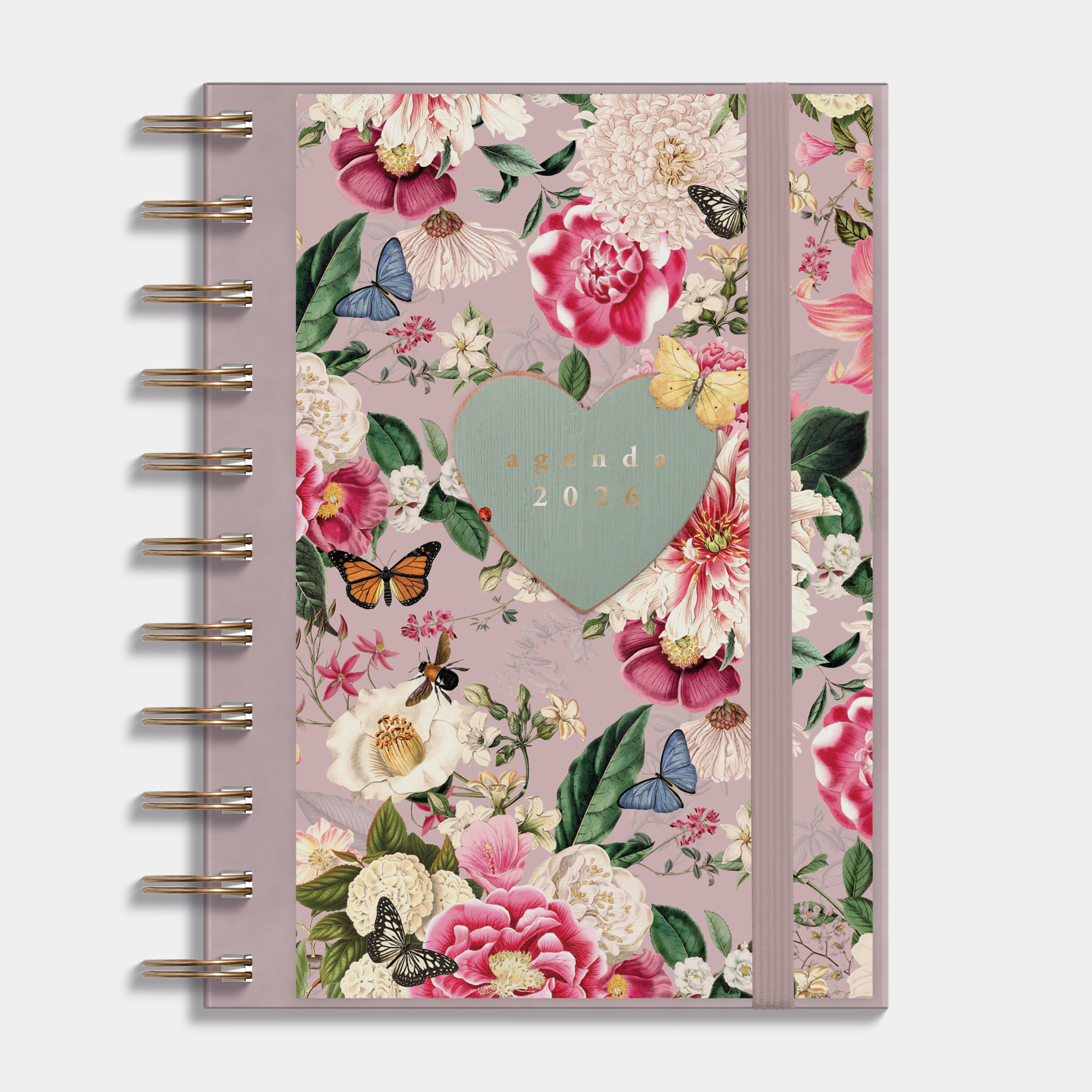 A6 ringband agenda 2026 met print van weidebloemen op insteekkaart, flexibele cover en elastische sluiting – vooraanzicht.