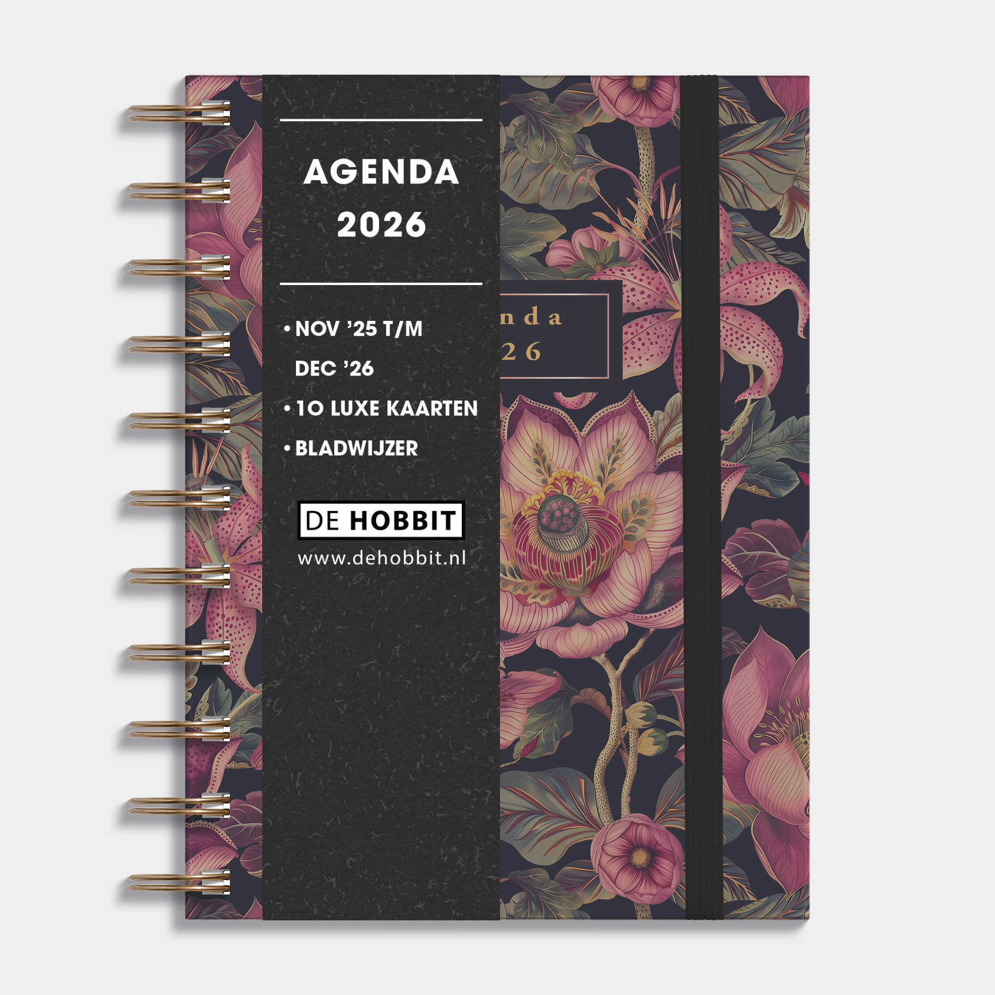A6 ringband agenda 2026 met klassieke botanische print, harde cover en elastische sluiting – vooraanzicht met informatieve banderol.