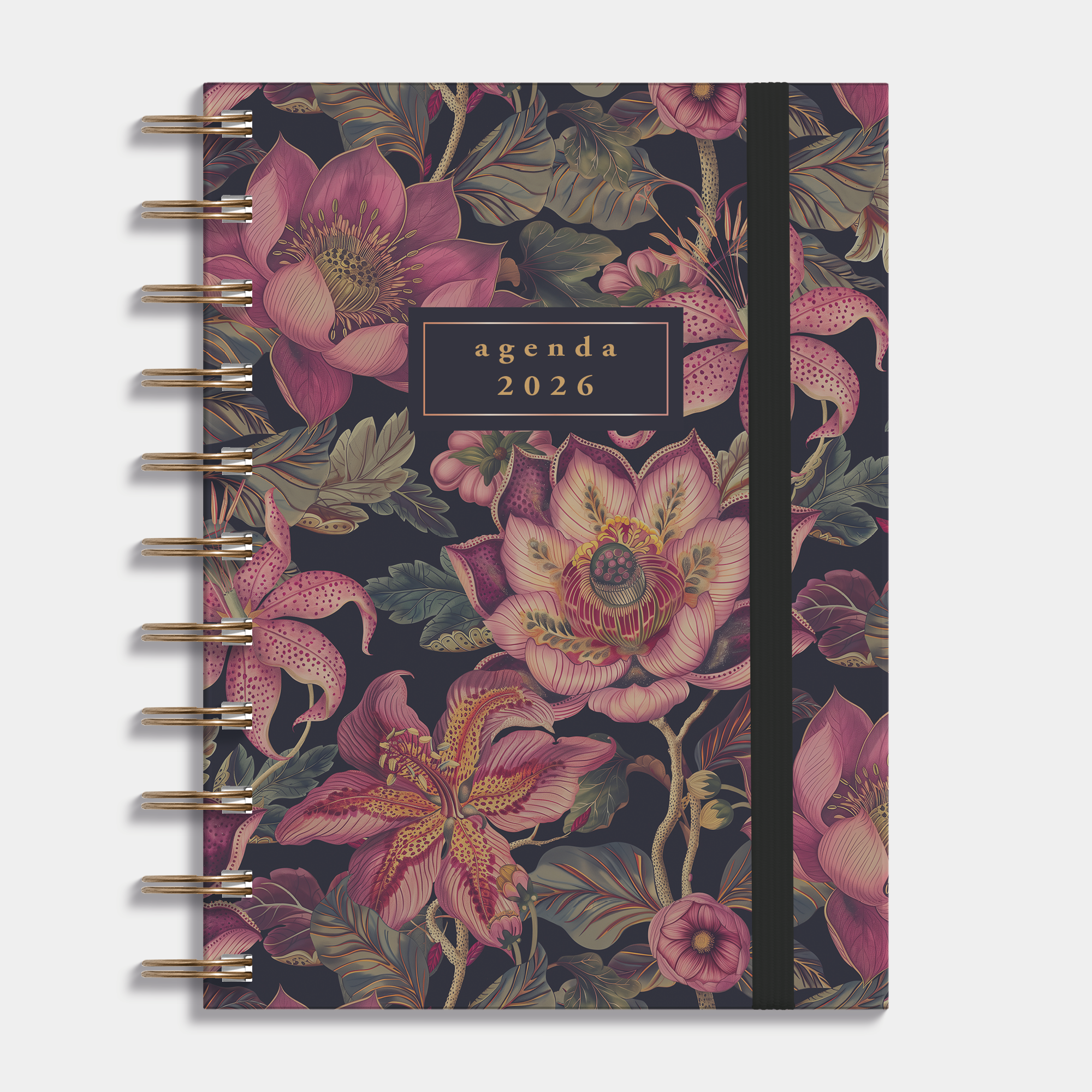 A6 ringband agenda 2026 met klassieke botanische print, harde cover en elastische sluiting – vooraanzicht.