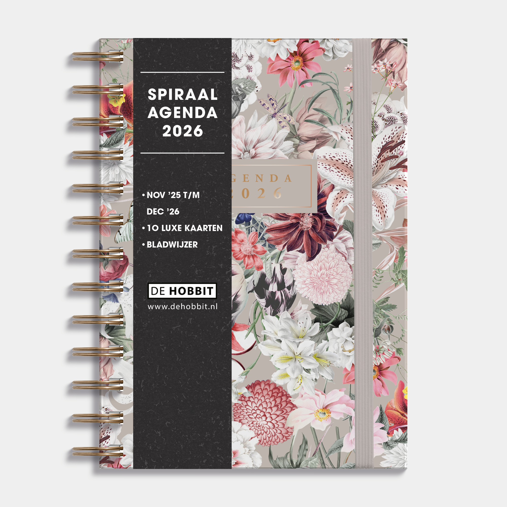Ringband agenda 2026 met bloemenprint, harde cover en elastische sluiting – vooraanzicht met informatieve banderol.