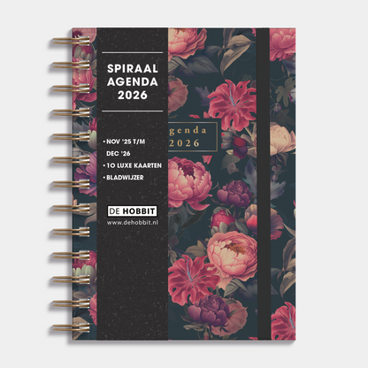 Ringband agenda 2026 met print van klassieke rozen, harde cover en elastische sluiting – vooraanzicht met informatieve banderol.