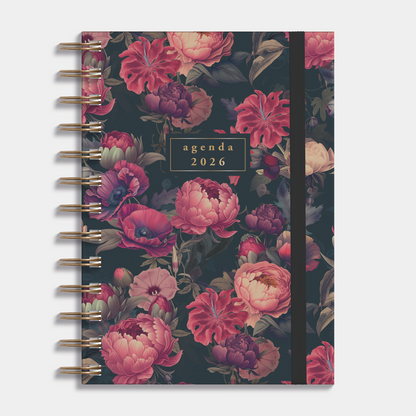 Ringband agenda 2026 met print van klassieke rozen, harde cover en elastische sluiting – vooraanzicht.