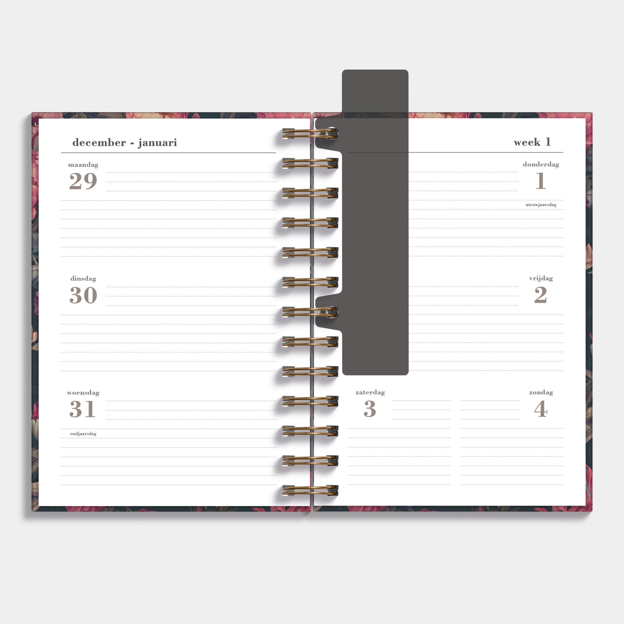 Ringband agenda 2026 met print van klassieke rozen – binnenwerk met weekoverzicht.