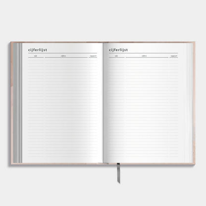 A5 schoolagenda 2025-2026 met abstracte oudroze print en harde cover – binnenwerk met ruimte voor cijferlijsten.