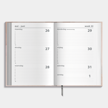 A5 schoolagenda 2025-2026 met abstracte oudroze print en harde cover – binnenwerk met weekoverzicht.