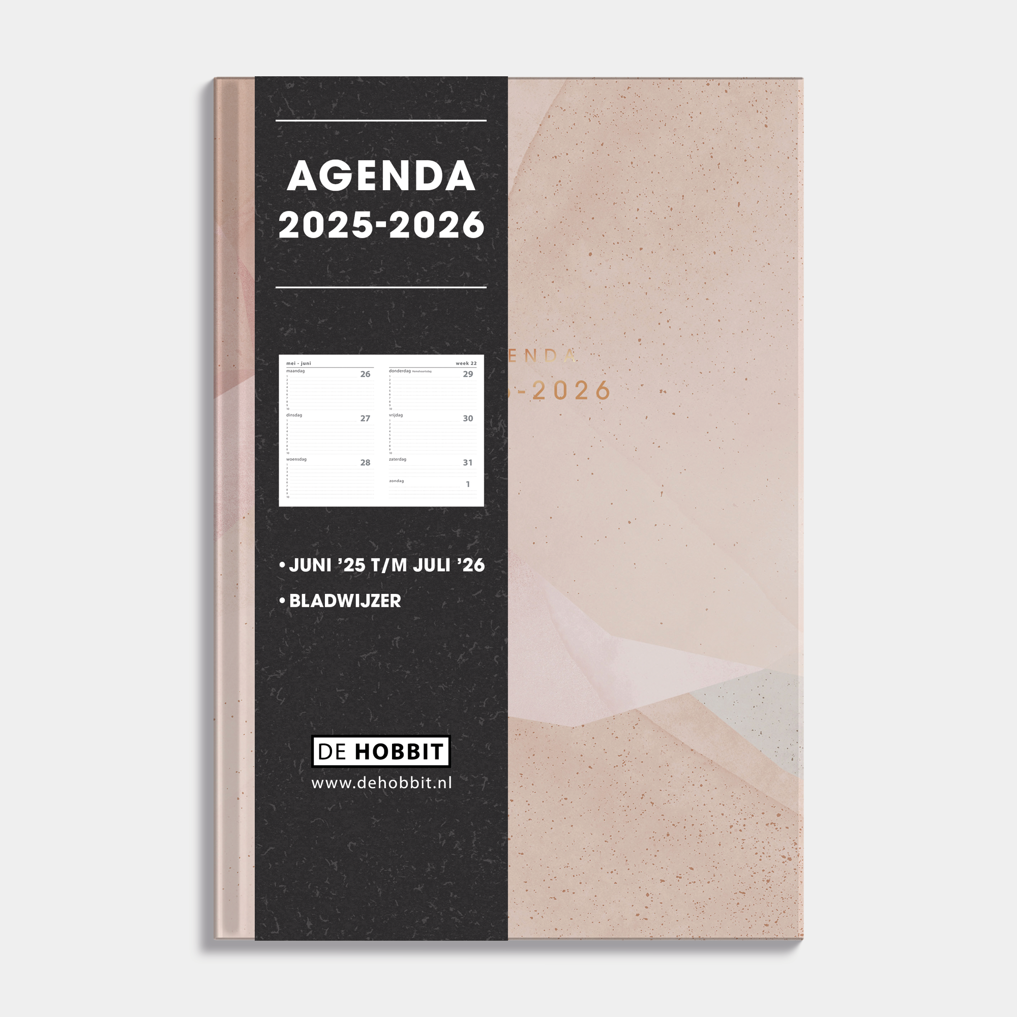 A5 schoolagenda 2025-2026 met abstracte oudroze print en harde cover – vooraanzicht met informatieve banderol.