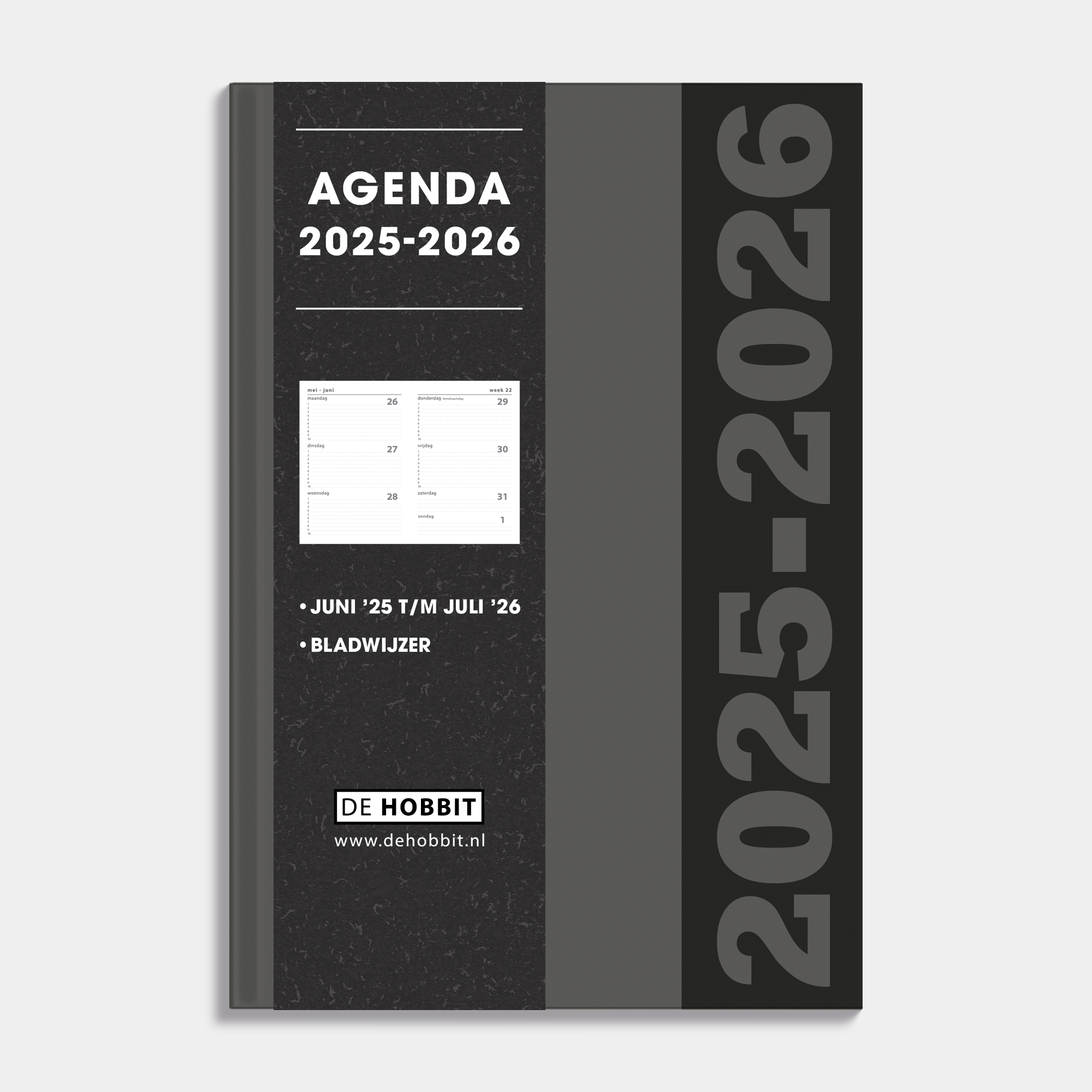 A5 schoolagenda 2025-2026 met grijze, harde cover – vooraanzicht met informatieve banderol.