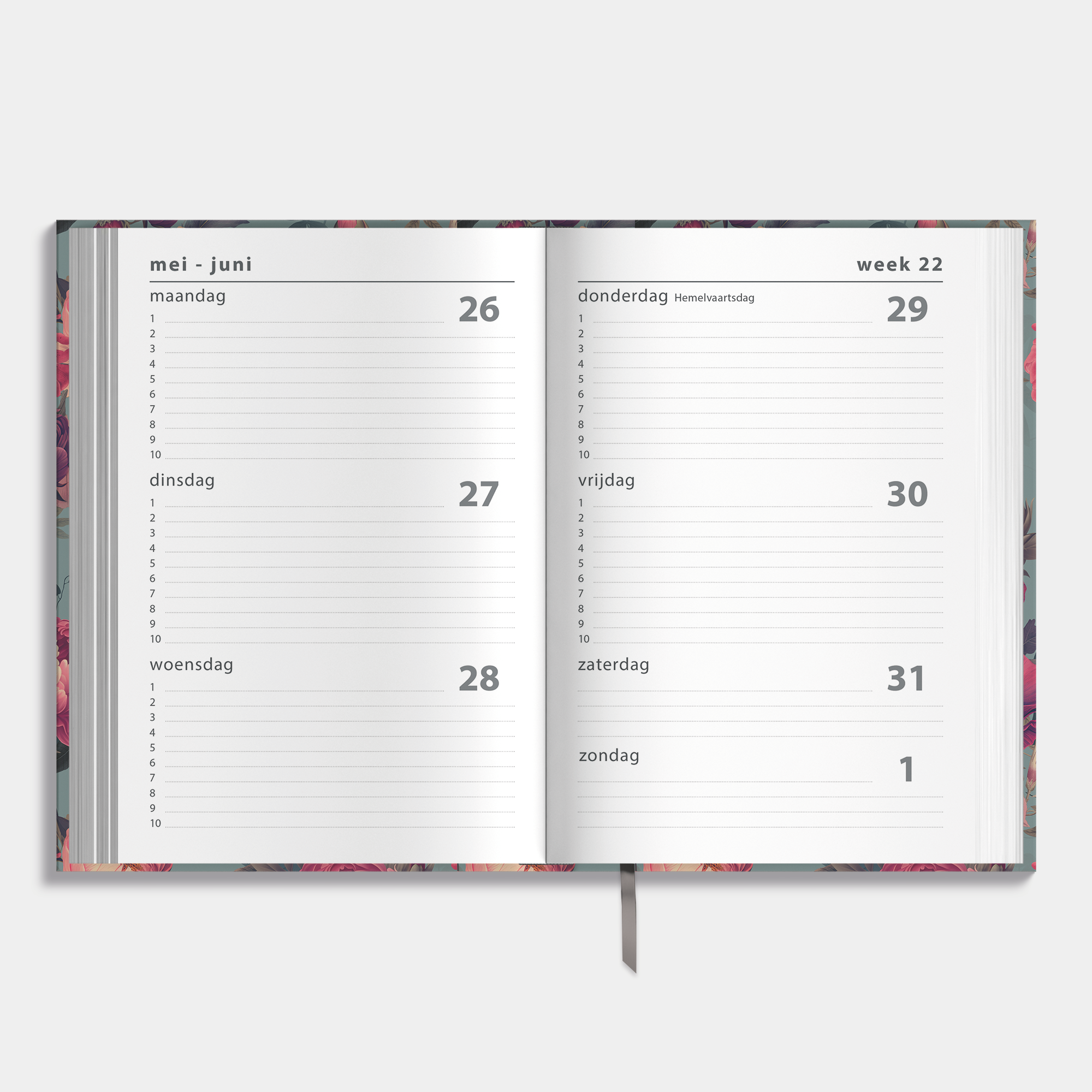 A5 schoolagenda 2025-2026 met klassieke print met rode bloemen en harde cover – binnenwerk met weekoverzicht.