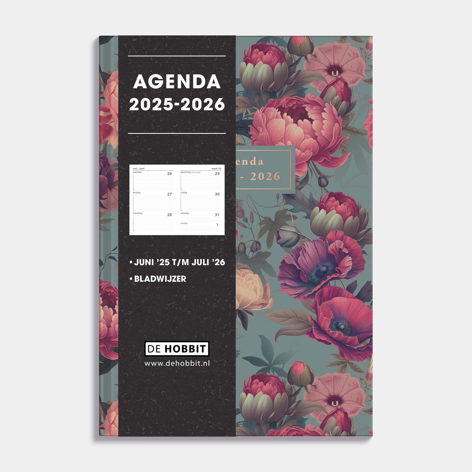 A5 schoolagenda 2025-2026 met klassieke print met rode bloemen en harde cover – vooraanzicht met informatieve banderol.