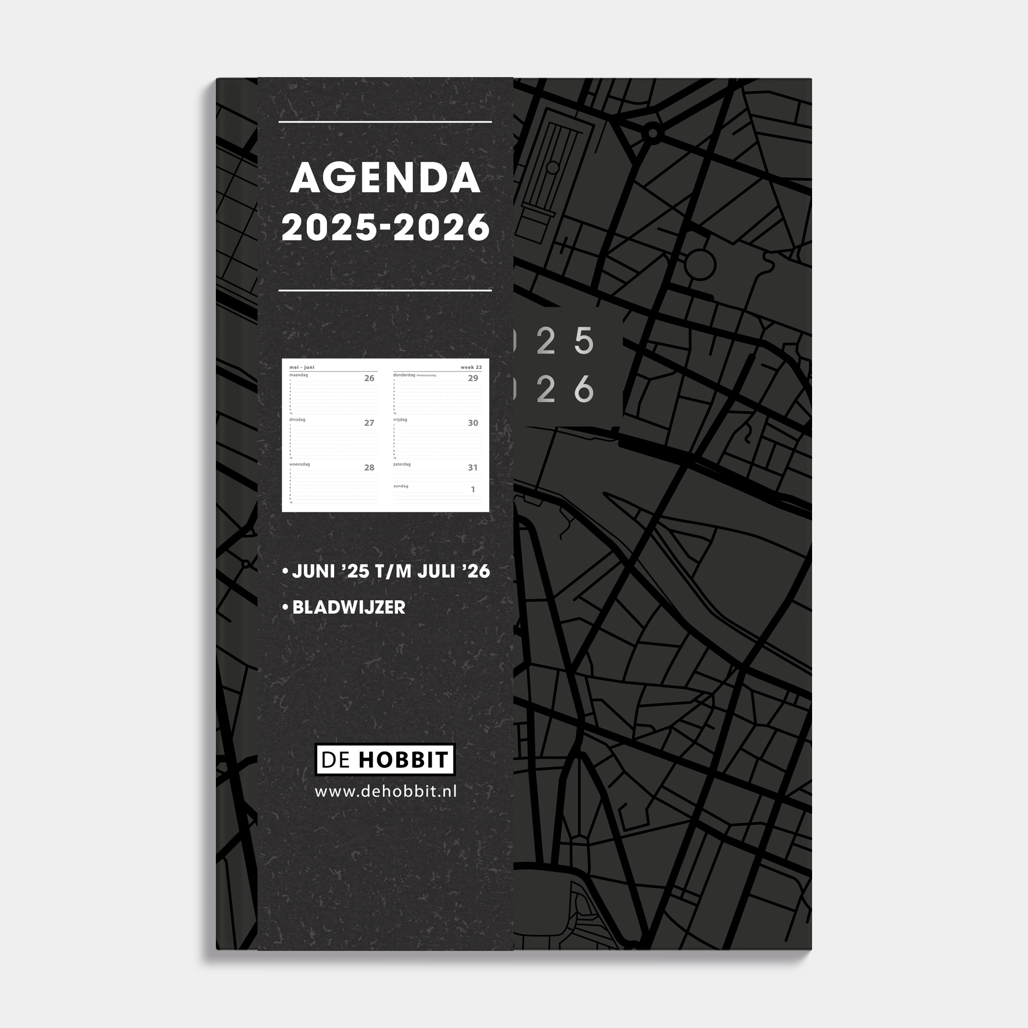 A5 schoolagenda 2025-2026 met donkergrijze, harde cover en glanzende zwarte lijnen in kaartpatroon – vooraanzicht met informatieve banderol.