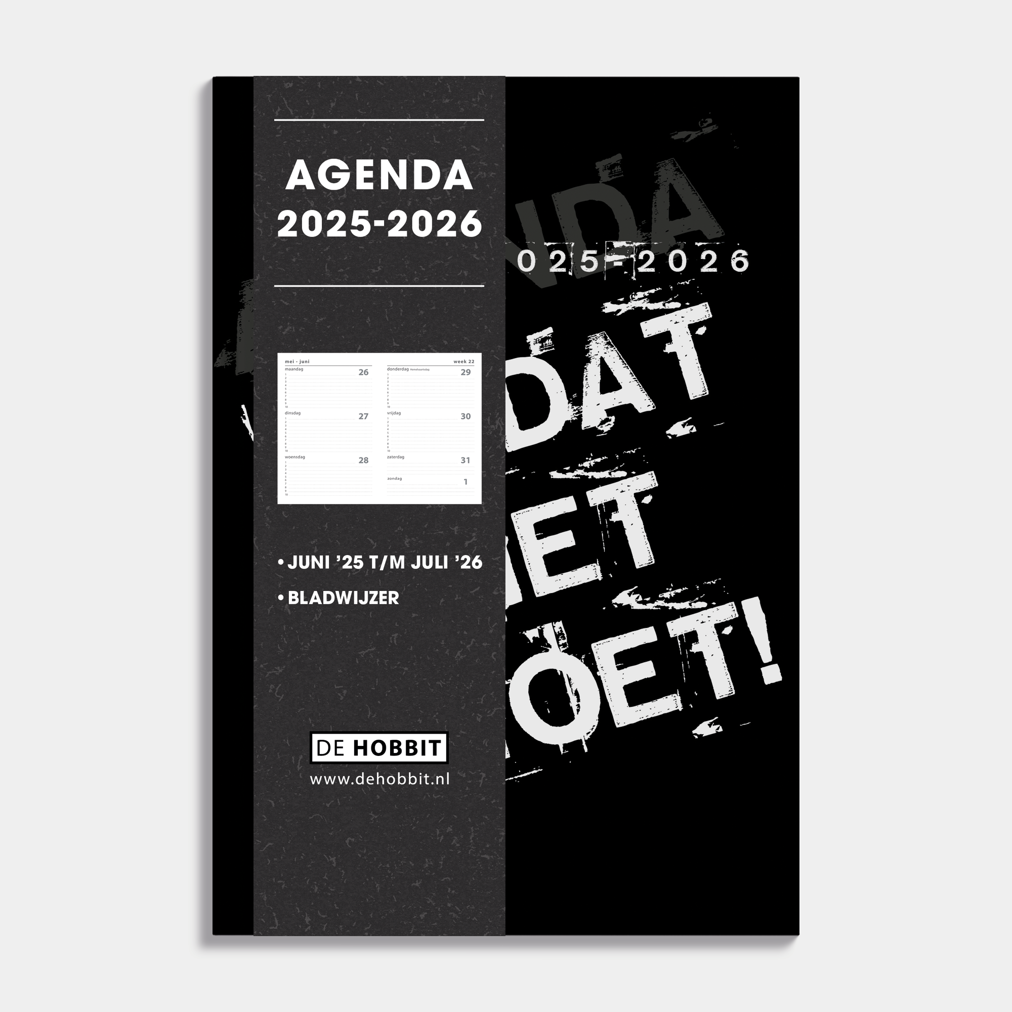 A5 schoolagenda 2025-2026 met zwarte, harde cover en witte tekst – vooraanzicht met informatieve banderol.