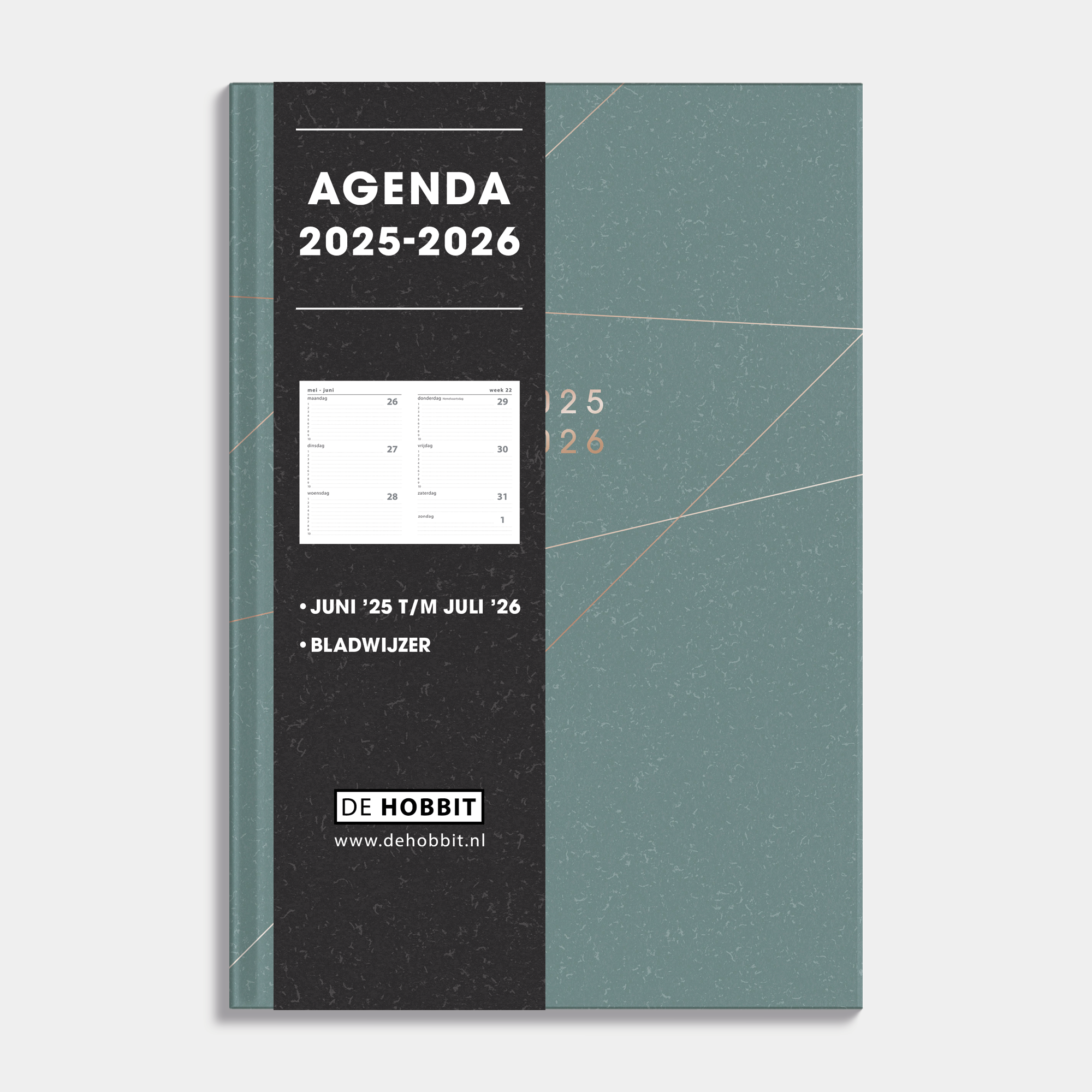 A5 schoolagenda 2025-2026 met groene, harde cover en goudfolielijnen –vooraanzicht met informatieve banderol.