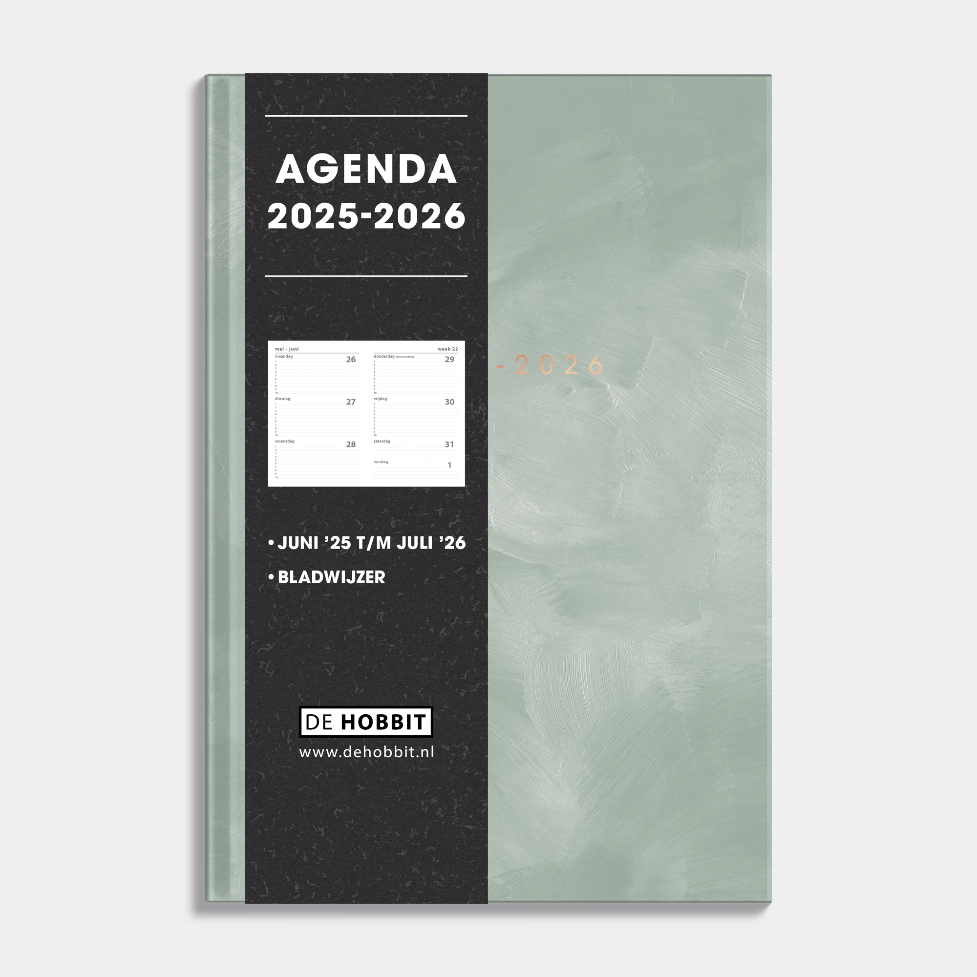 A5 schoolagenda 2025-2026 met groene, harde cover – vooraanzicht met informatieve banderol.