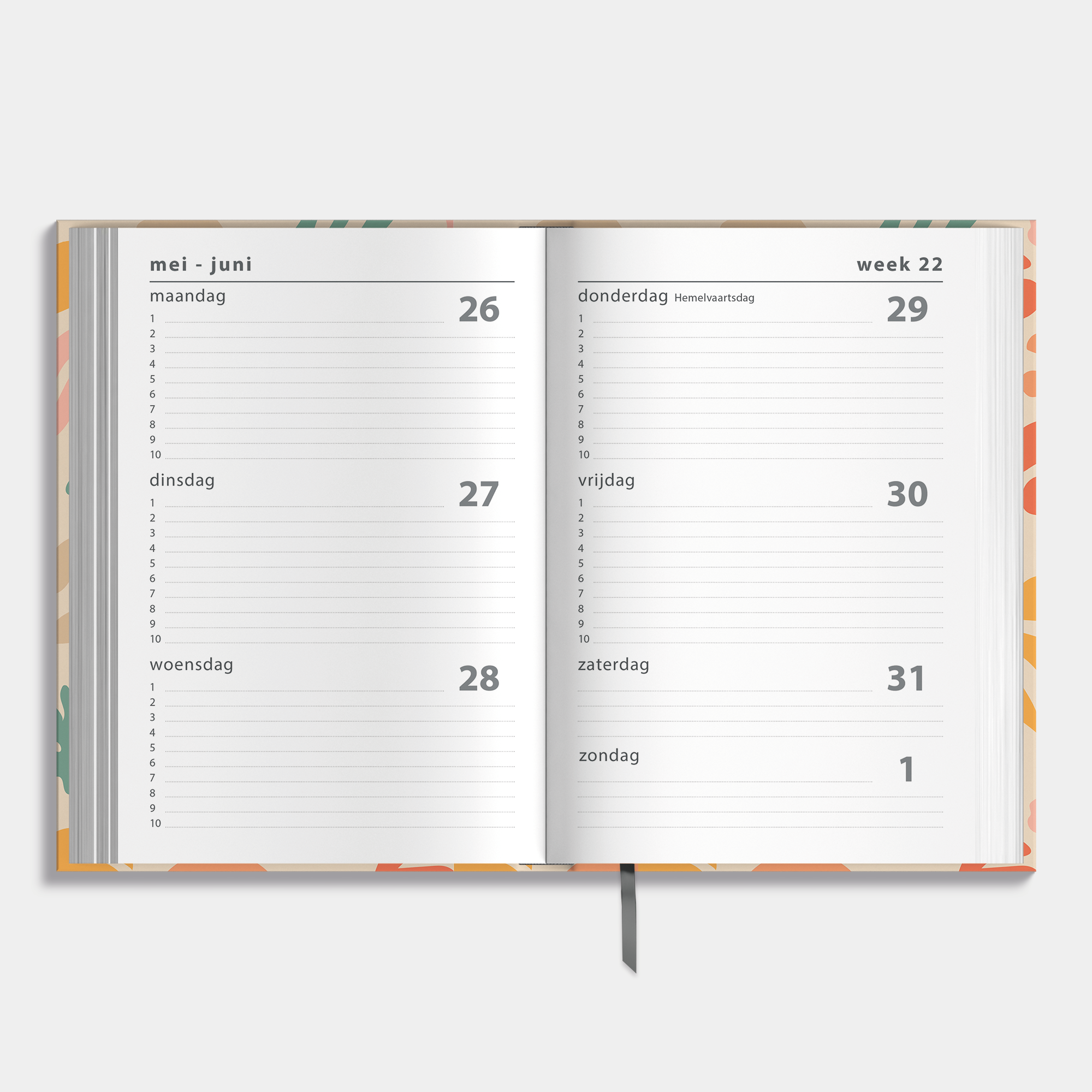 A5 schoolagenda 2025-2026 met abstracte vintage bladerenprint en harde cover – binnenwerk met weekoverzicht.