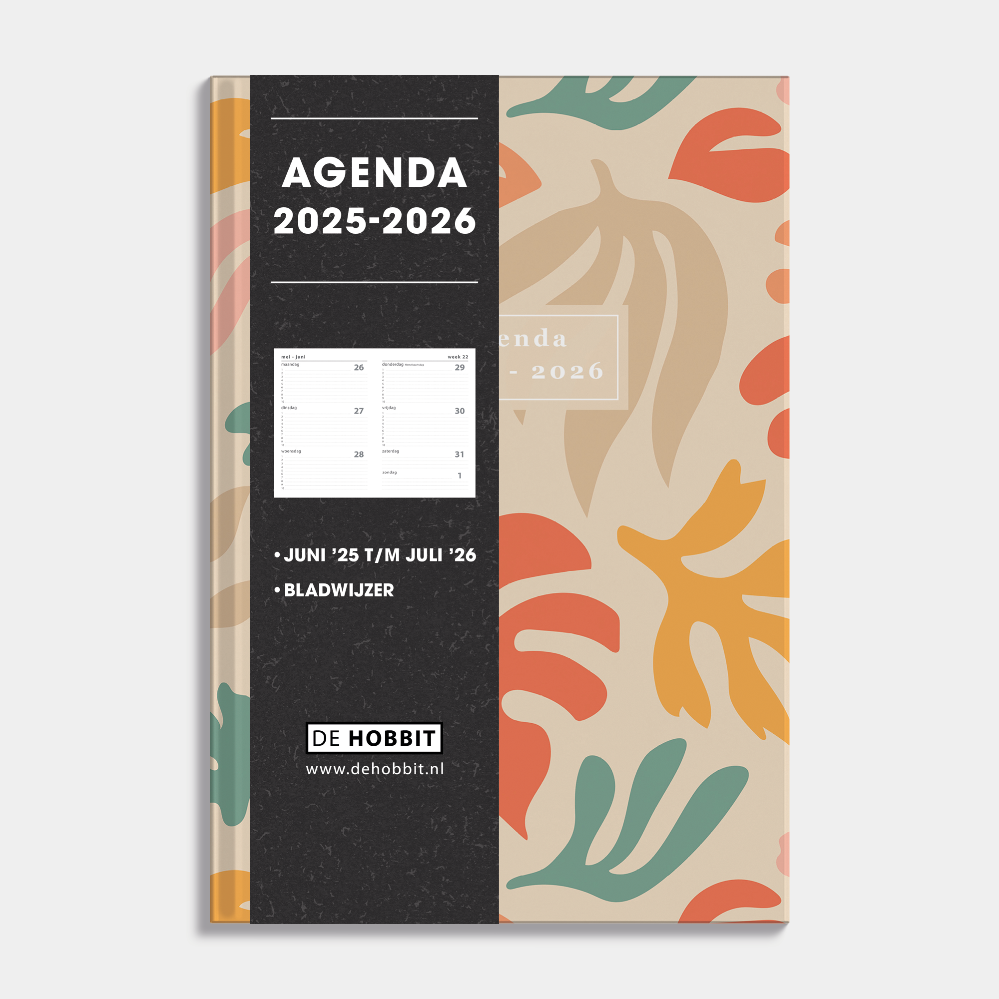 A5 schoolagenda 2025-2026 met abstracte vintage bladerenprint en harde cover – vooraanzicht met informatieve banderol.