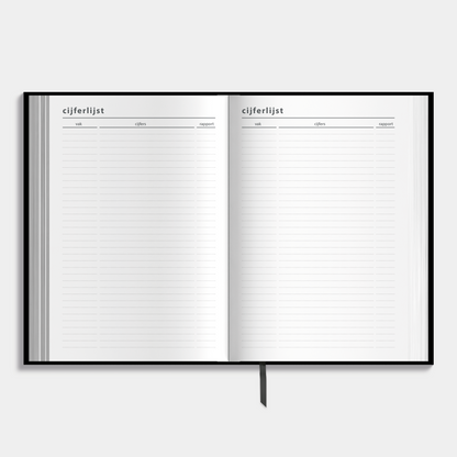 A5 schoolagenda 2025-2026 met zwarte, harde cover – binnenwerk met ruimte voor cijferlijsten.