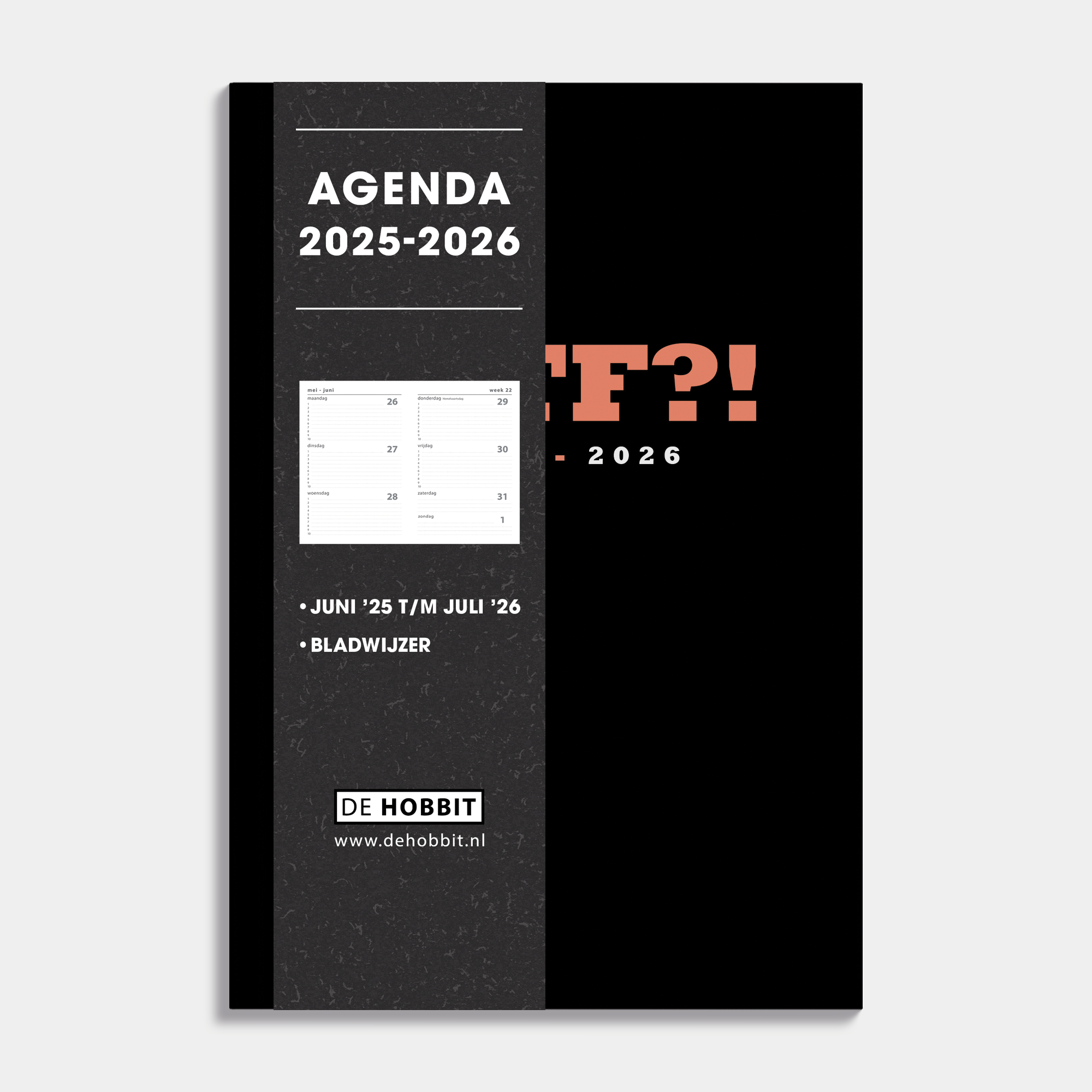 A5 schoolagenda 2025-2026 met zwarte, harde cover en tekst in fluor oranje –vooraanzicht met informatieve banderol.