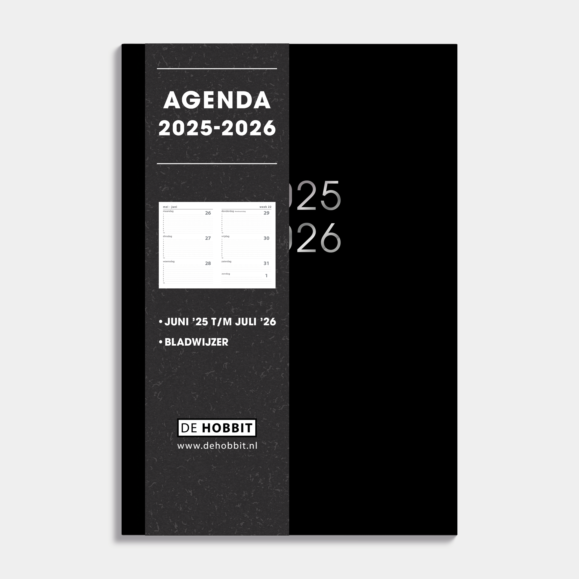 Zwarte schoolagenda 2025-2026 met harde cover – vooraanzicht met informatieve banderol.