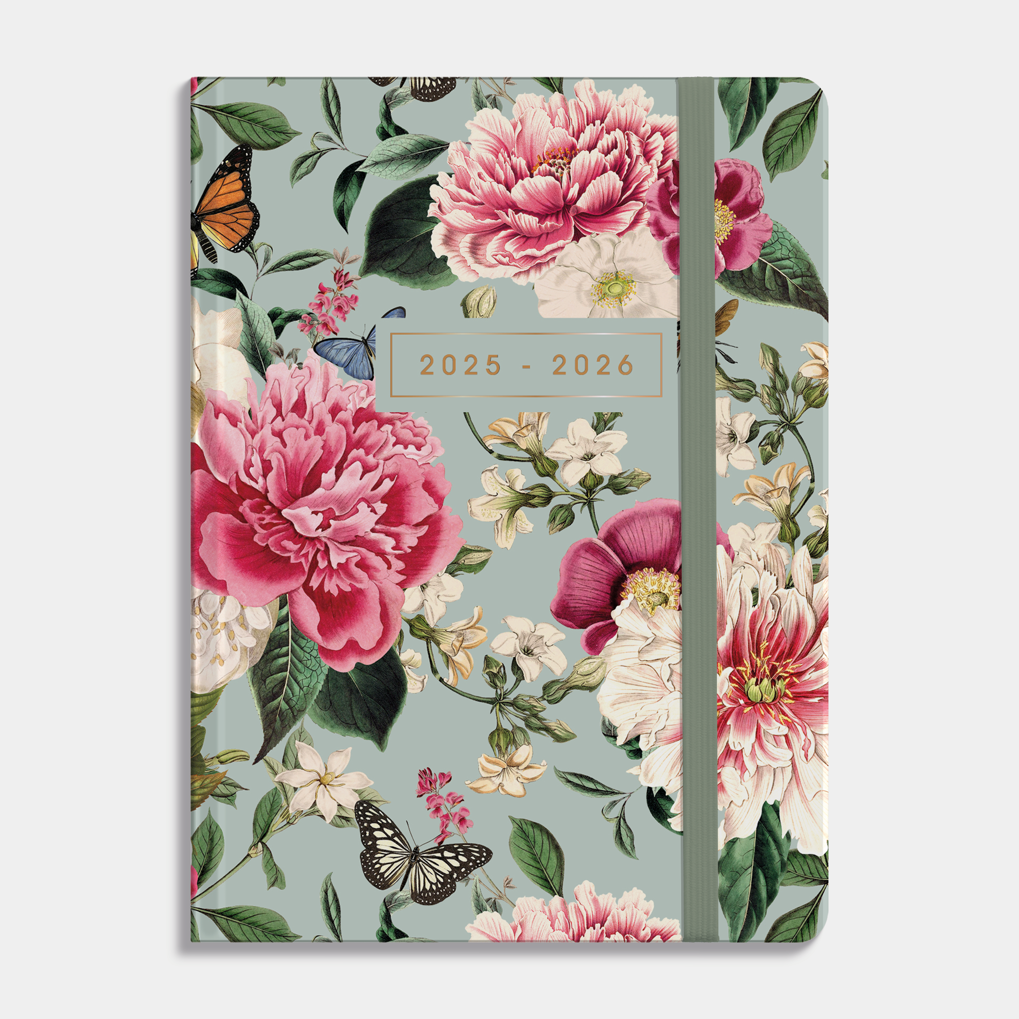 A6 agenda 2025-2026 met brocante bloemenprint, zachte maar stevige cover en elastische sluiting – vooraanzicht.