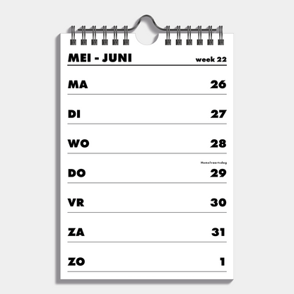 Weekkalender schooljaar 2025 - 2026 A5 met zwarte accenten en metalen spiraal – binnenwerk met weekoverzicht.