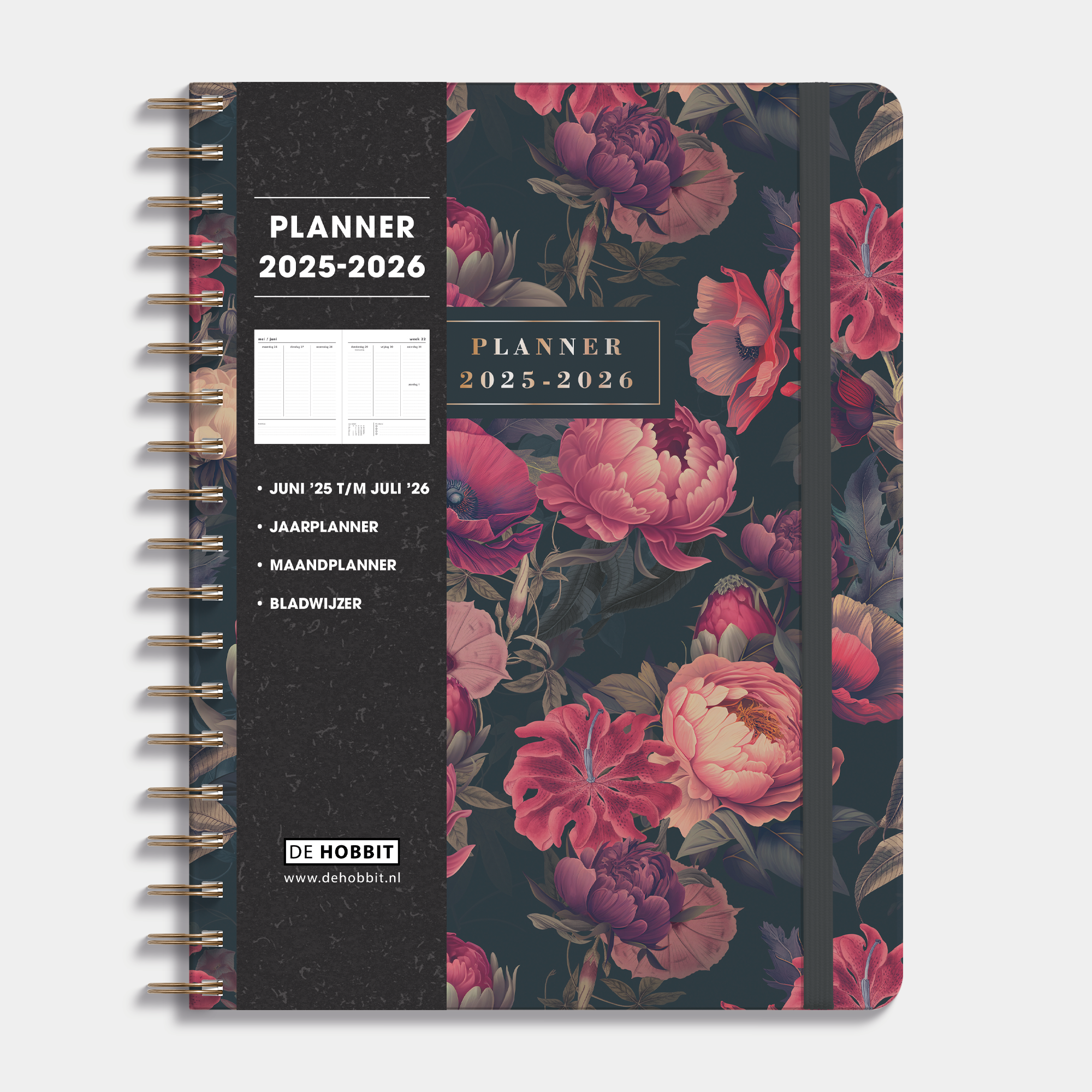 Weekplanner 2025 - 2026 A4 met klassieke print van rode bloemen op donkere achtergrond, harde cover en elastische sluiting – vooraanzicht met informatieve banderol.