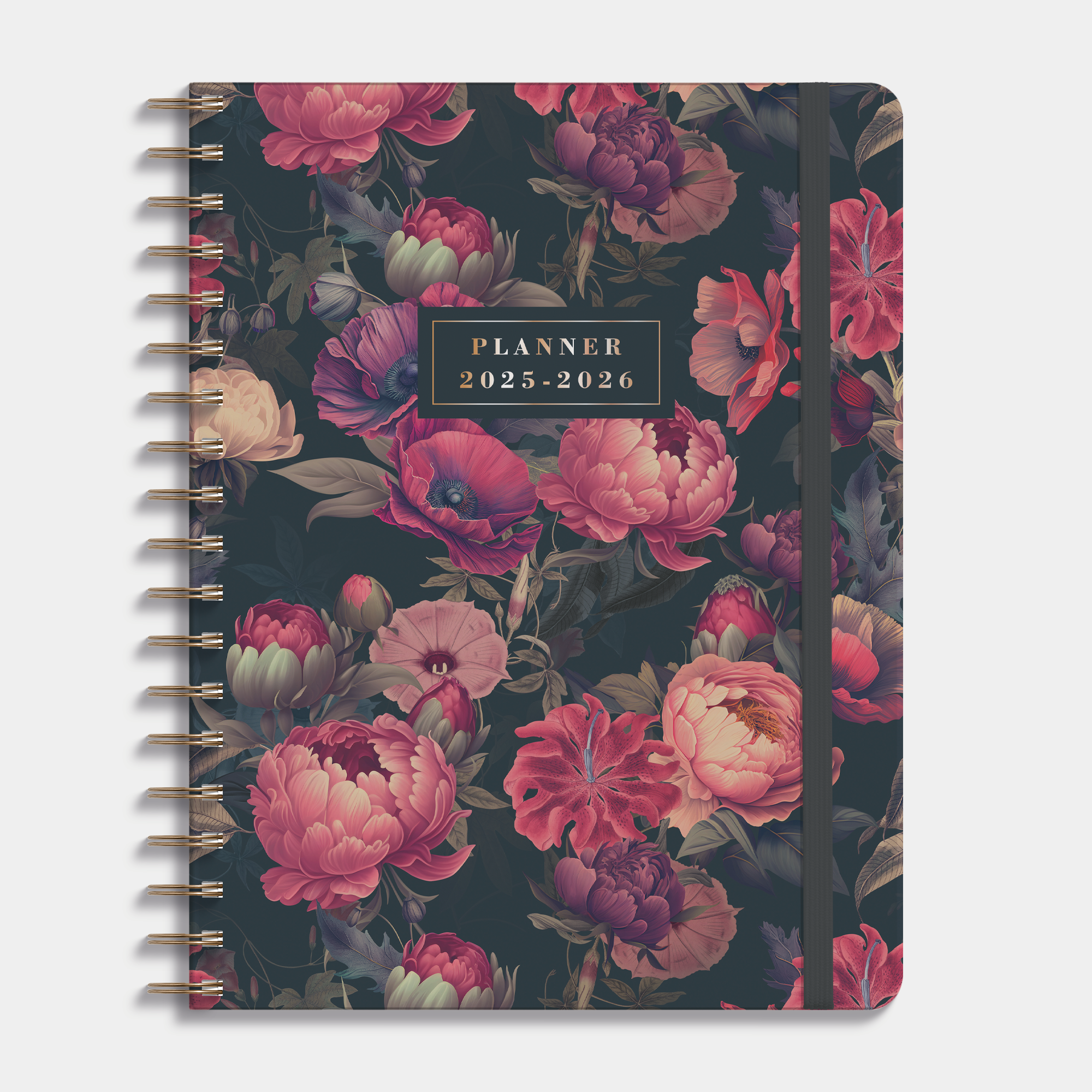 Weekplanner 2025 - 2026 A4 met klassieke print van rode bloemen op donkere achtergrond, harde cover en elastische sluiting – vooraanzicht.