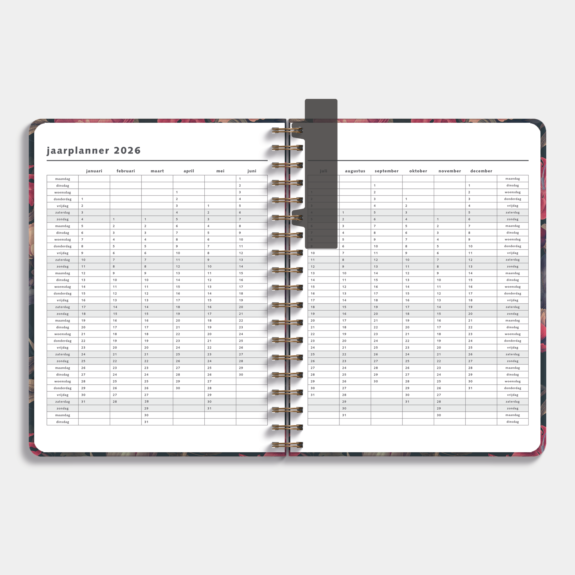 Weekplanner 2025 - 2026 A4 met klassieke print van rode bloemen op donkere achtergrond – binnenwerk met jaarplanner.