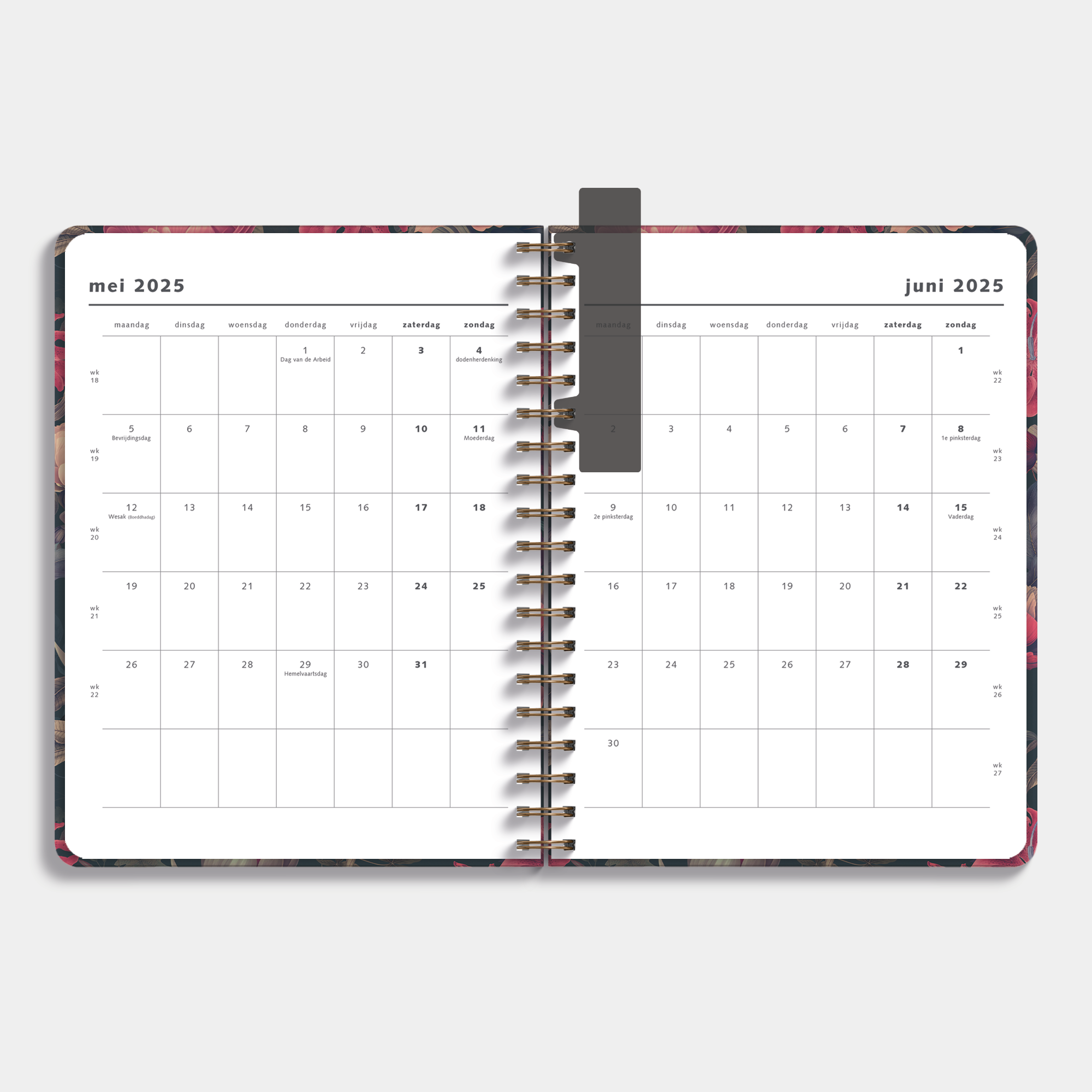 Weekplanner 2025 - 2026 A4 met klassieke print van rode bloemen op donkere achtergrond – binnenwerk met maandplanner.