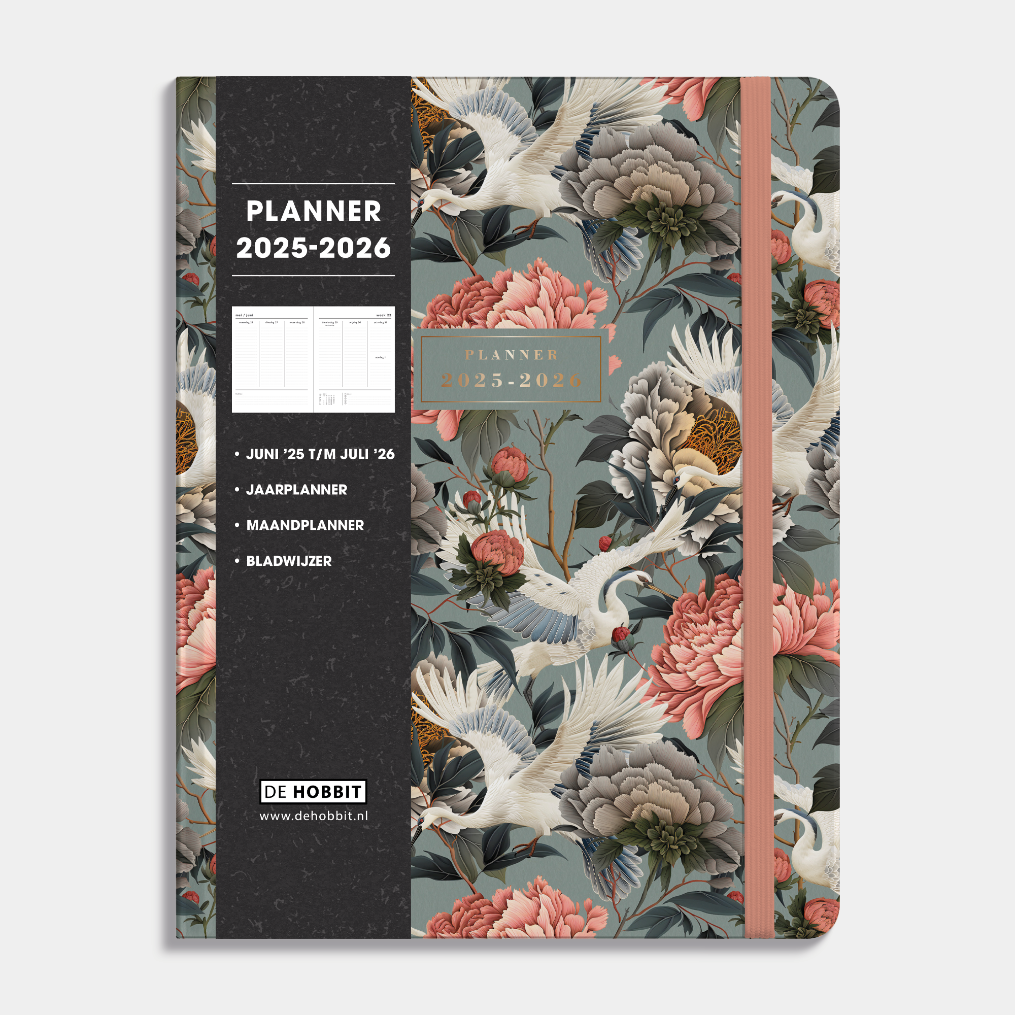 Weekplanner 2025 - 2026 A4 met chique print van kraanvogels, harde cover en elastische sluiting – vooraanzicht met informatieve banderol.