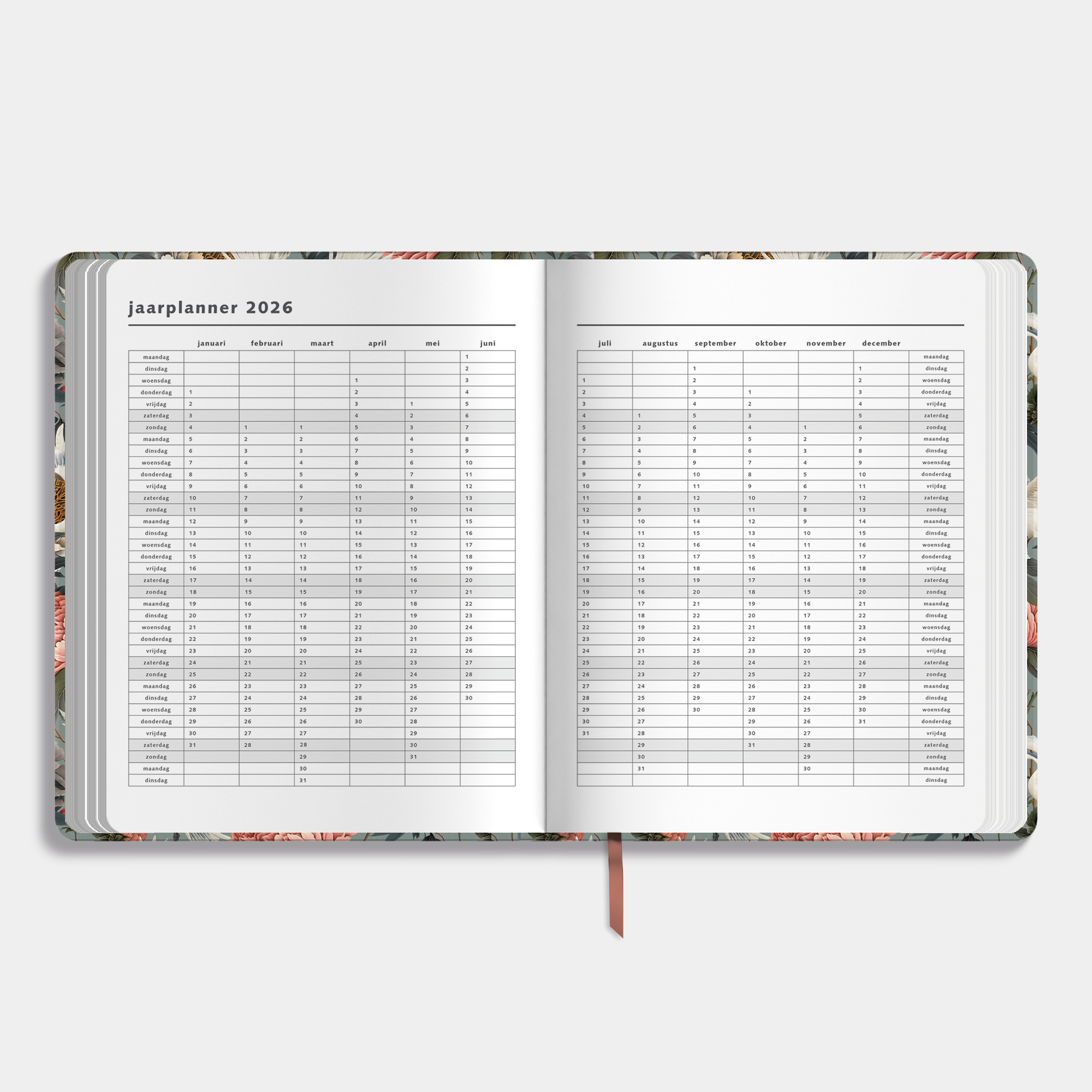 Weekplanner 2025 - 2026 A4 met chique print van kraanvogels – binnenwerk met jaarplanner.