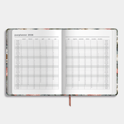 Weekplanner 2025 - 2026 A4 met chique print van kraanvogels – binnenwerk met jaarplanner.
