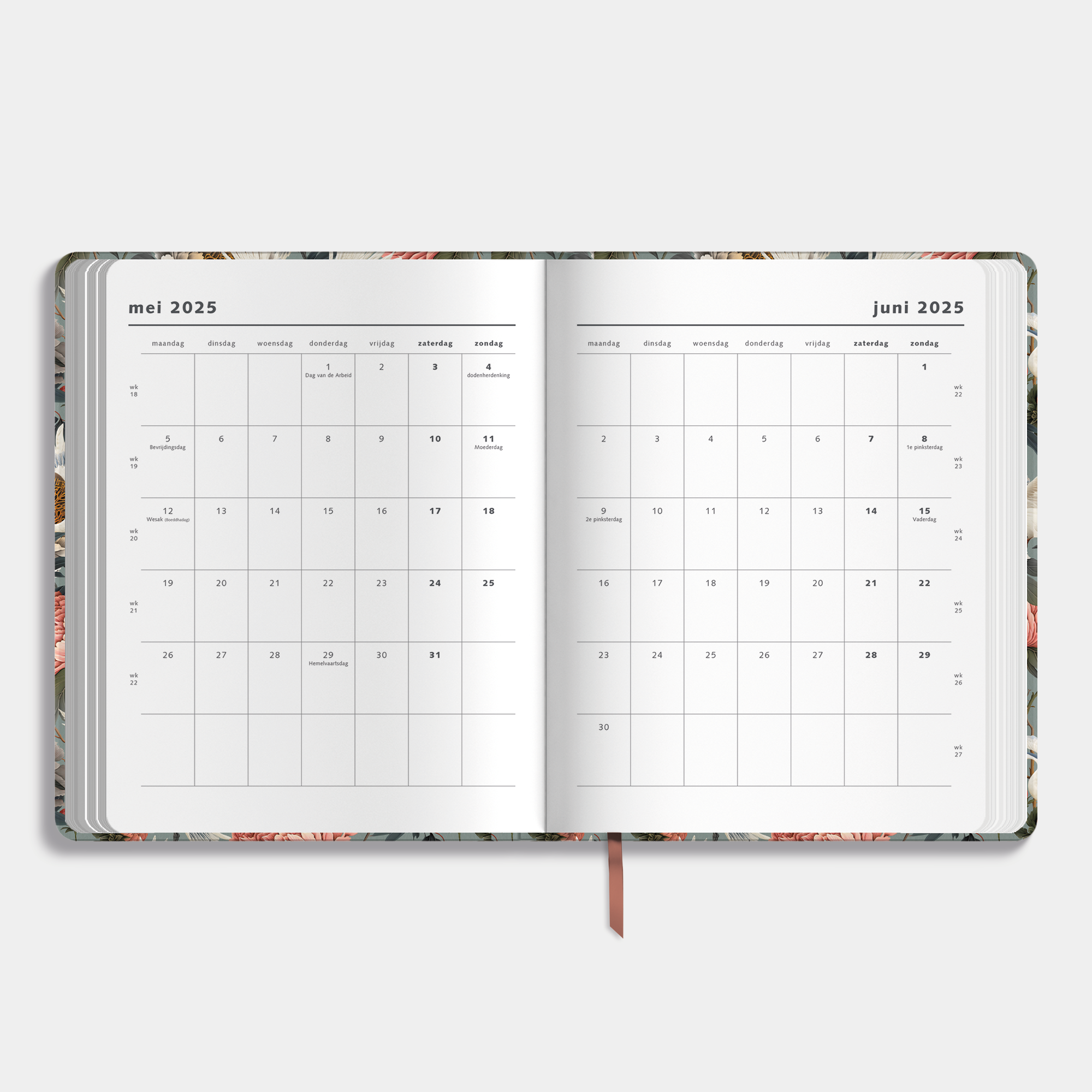 Weekplanner 2025 - 2026 A4 met chique print van kraanvogels – binnenwerk met maandplanner.