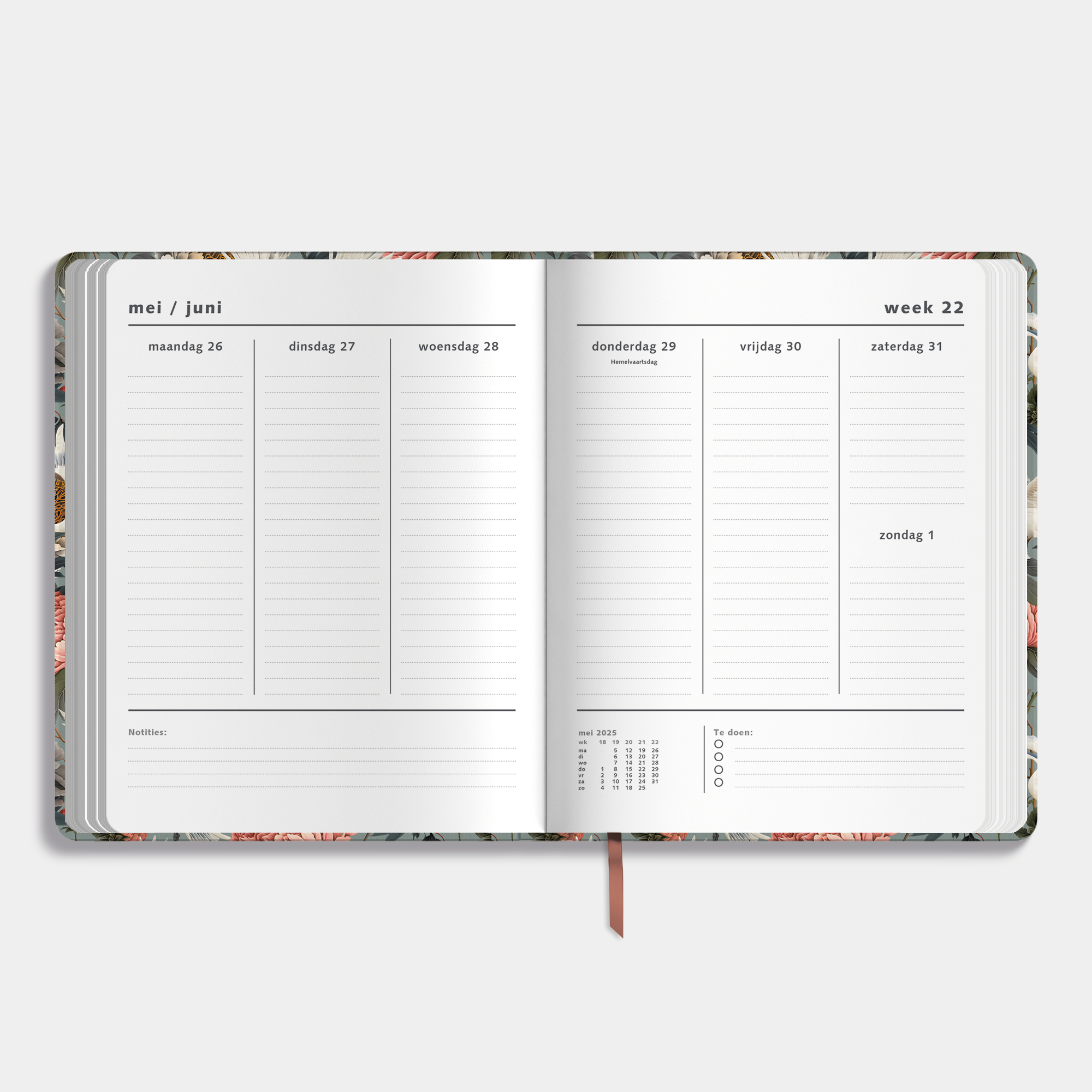 Weekplanner 2025 - 2026 A4 met chique print van kraanvogels – binnenwerk met weekoverzicht en ruimte voor notities.