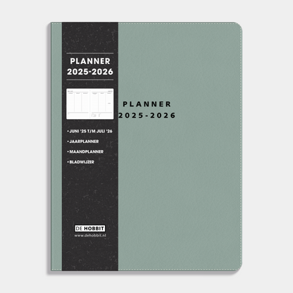Weekplanner 2025 - 2026 A4 met flexibele grijsgroene lederlook coverhoes – vooraanzicht met informatieve banderol.