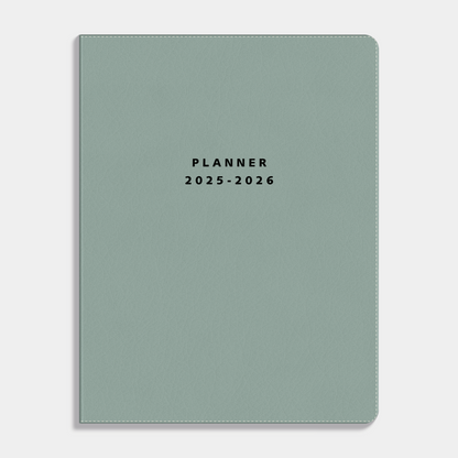 Weekplanner 2025 - 2026 A4 met flexibele grijsgroene lederlook coverhoes – vooraanzicht.