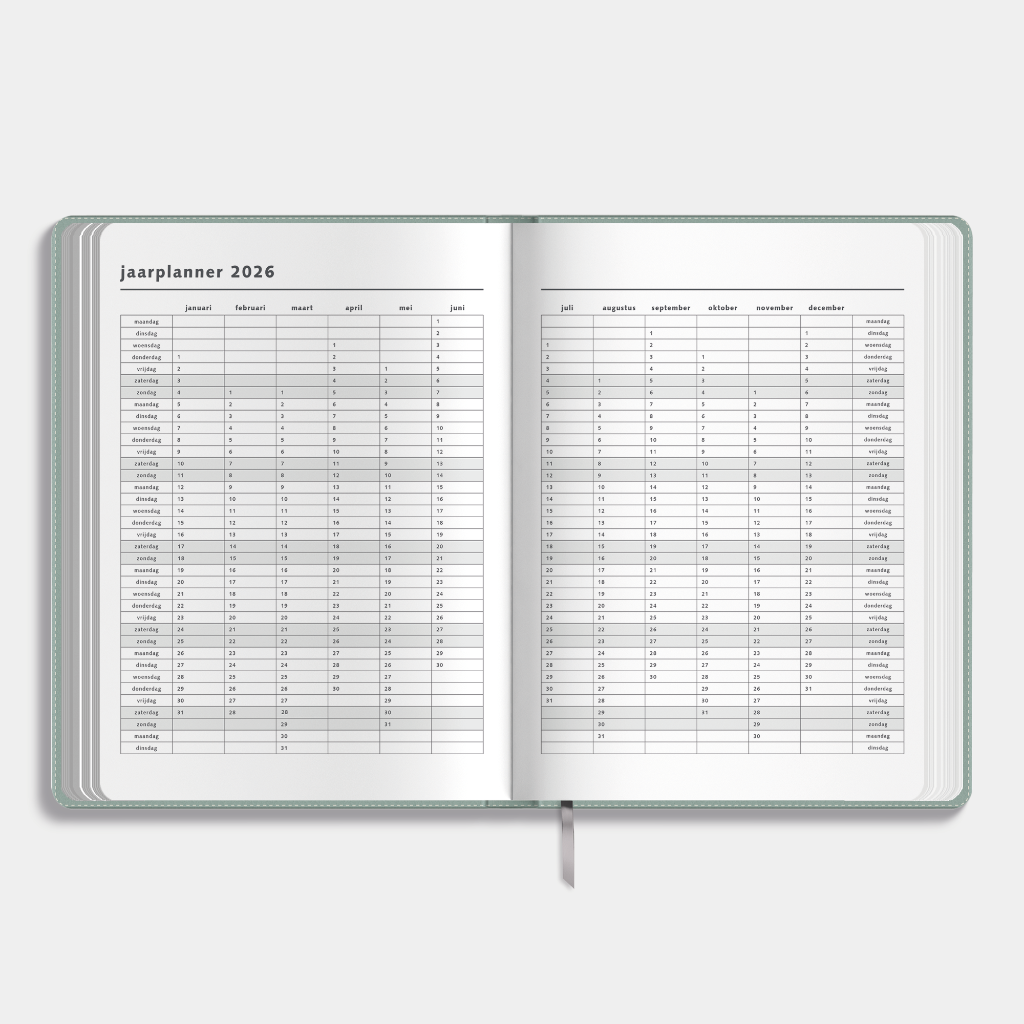 Weekplanner 2025 - 2026 A4 met flexibele grijsgroene lederlook coverhoes – binnenwerk met jaarplanner.