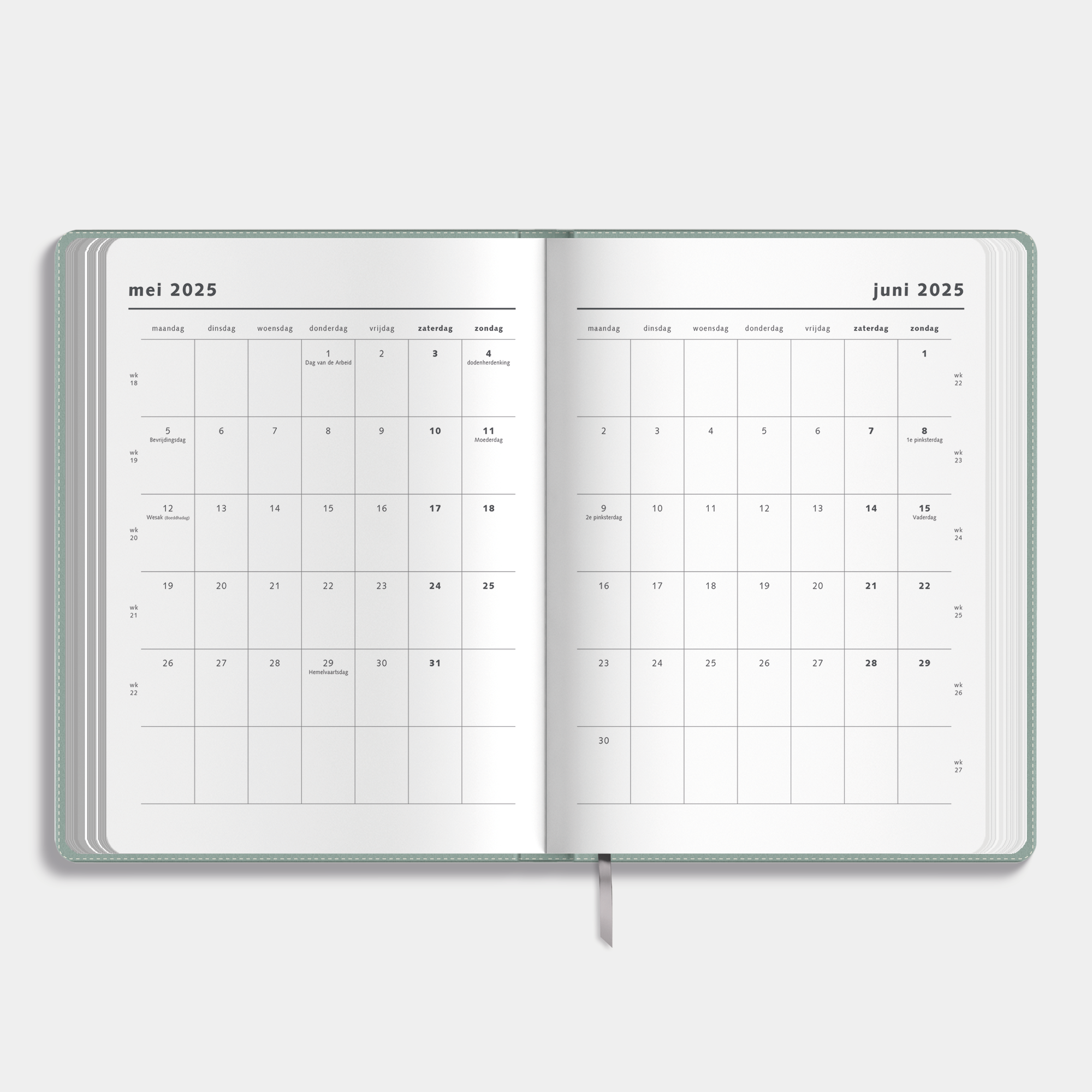 Weekplanner 2025 - 2026 A4 met flexibele grijsgroene lederlook coverhoes – binnenwerk met maandplanner.