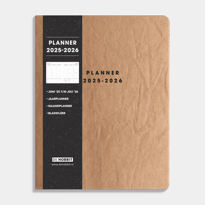 Weekplanner 2025 - 2026 A4 met flexibele bruine washed craft coverhoes – vooraanzicht met informatieve banderol.