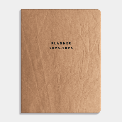 Weekplanner 2025 - 2026 A4 met flexibele bruine washed craft coverhoes – vooraanzicht.