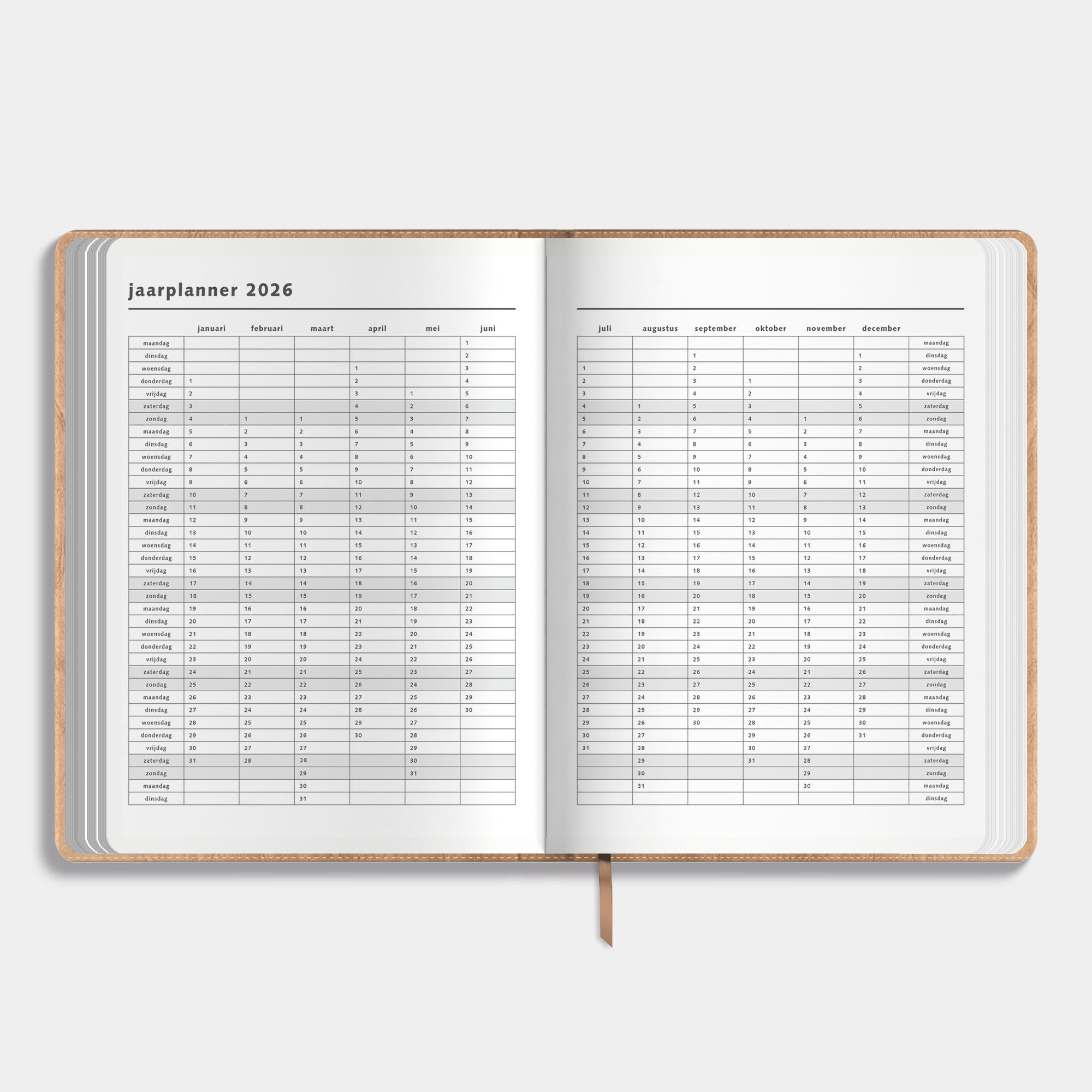 Weekplanner 2025 - 2026 A4 met flexibele bruine washed craft coverhoes – binnenwerk met jaarplanner.