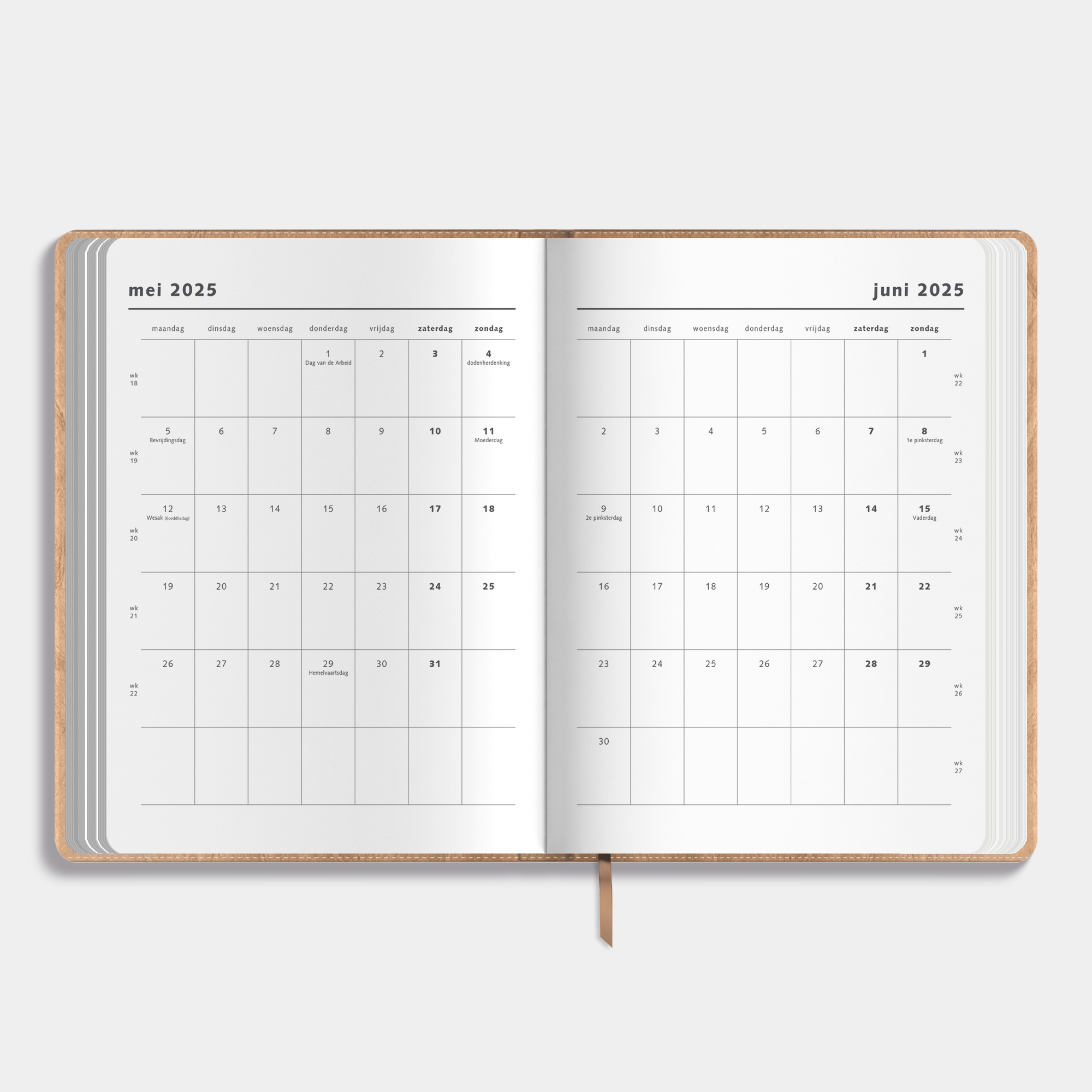 Weekplanner 2025 - 2026 A4 met flexibele bruine washed craft coverhoes – binnenwerk met maandplanner.