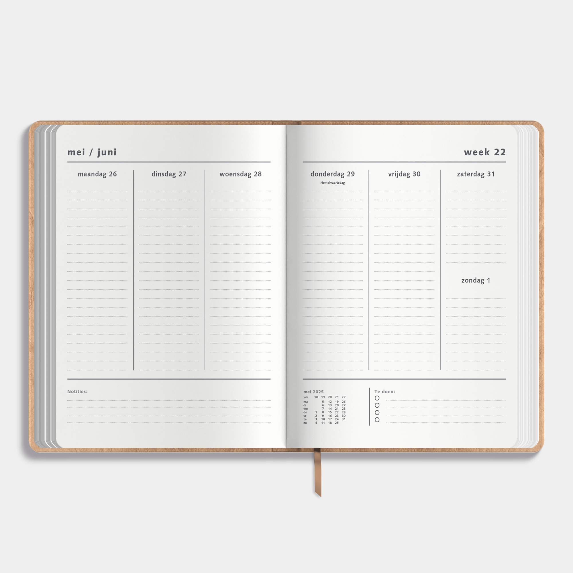 Weekplanner 2025 - 2026 A4 met flexibele bruine washed craft coverhoes – binnenwerk met weekoverzicht en ruimte voor notities.