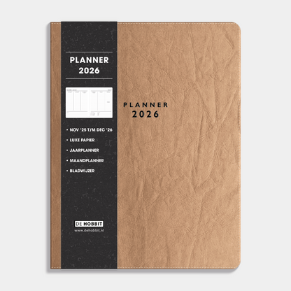 Weekplanner 2026 A4 met flexibele bruine washed craft coverhoes – vooraanzicht met informatieve banderol.