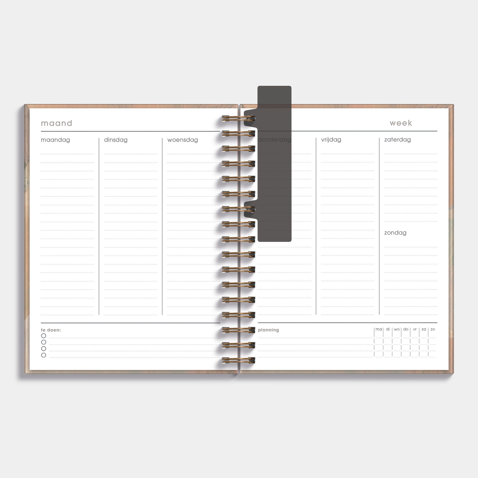 Luxe weekplanner undated A5 met een design van verfstreken in warme aardetinten – binnenwerk met weekoverzicht.