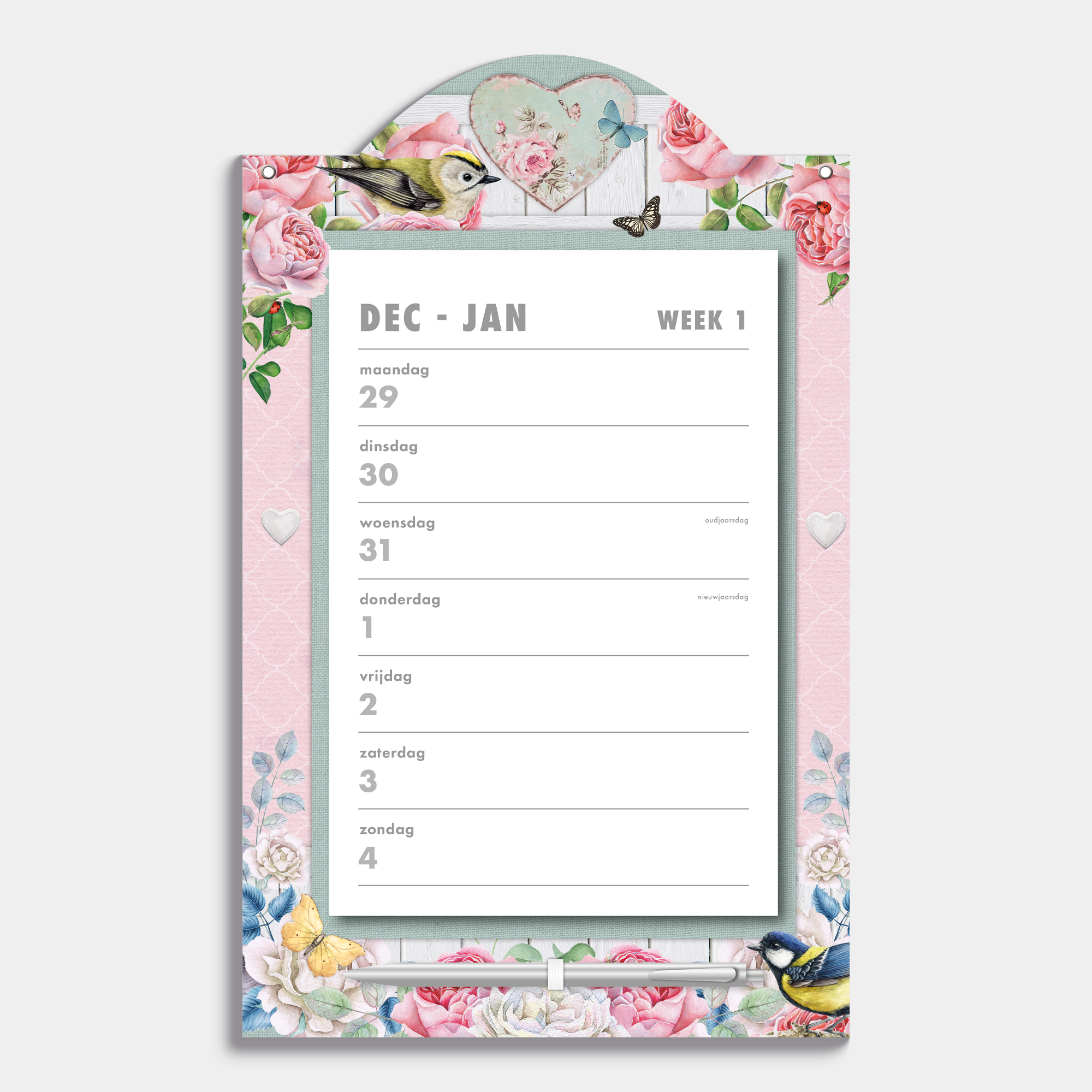 Scheurkalender 2026 op een kartonnen bord voorzien van een vrolijk brocante motief met rozen, vlinders en vogels, met pen – vooraanzicht.