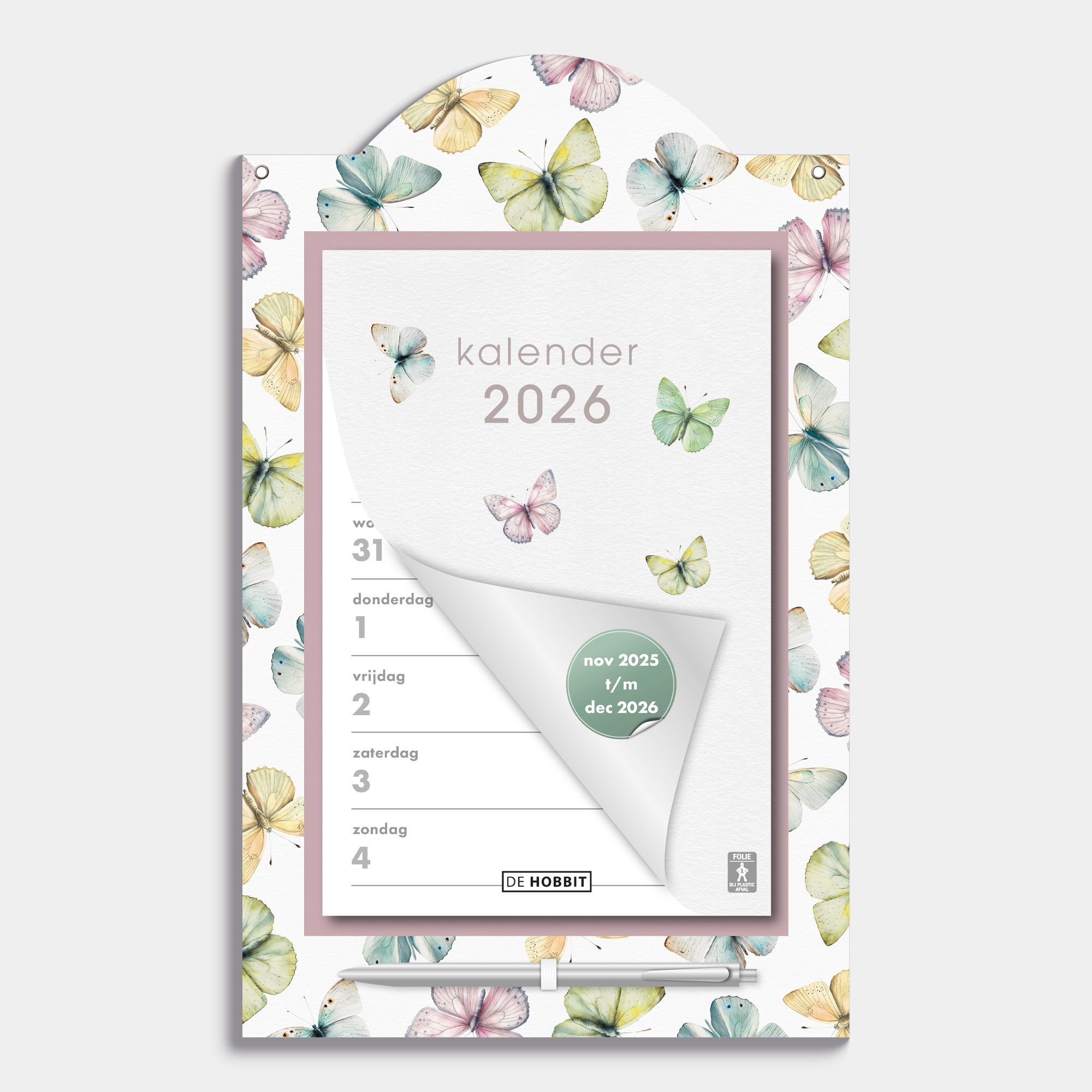 Scheurkalender 2026 op een kartonnen bord voorzien van een vrolijk motief met vlinders, met pen – vooraanzicht.